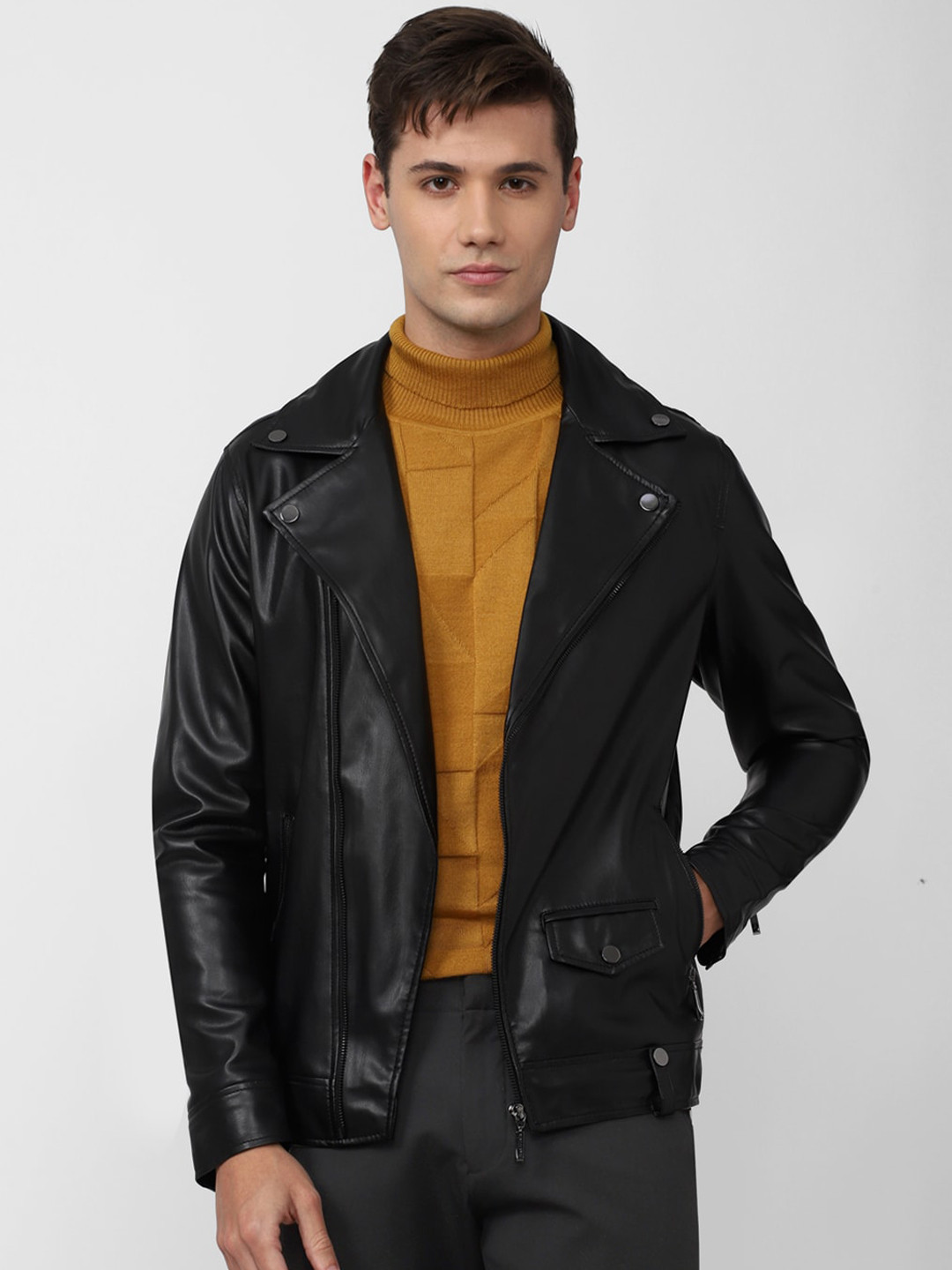 

V Dot Men Solid Biker Jacket, Black