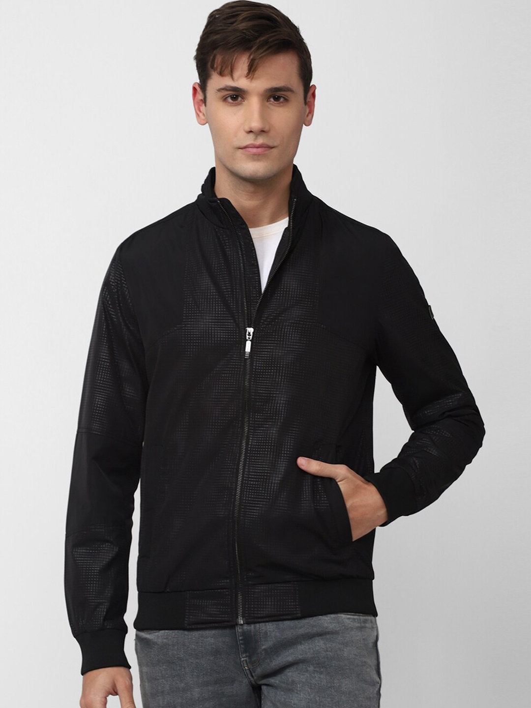 

V Dot Men Solid Bomber Jacket, Black