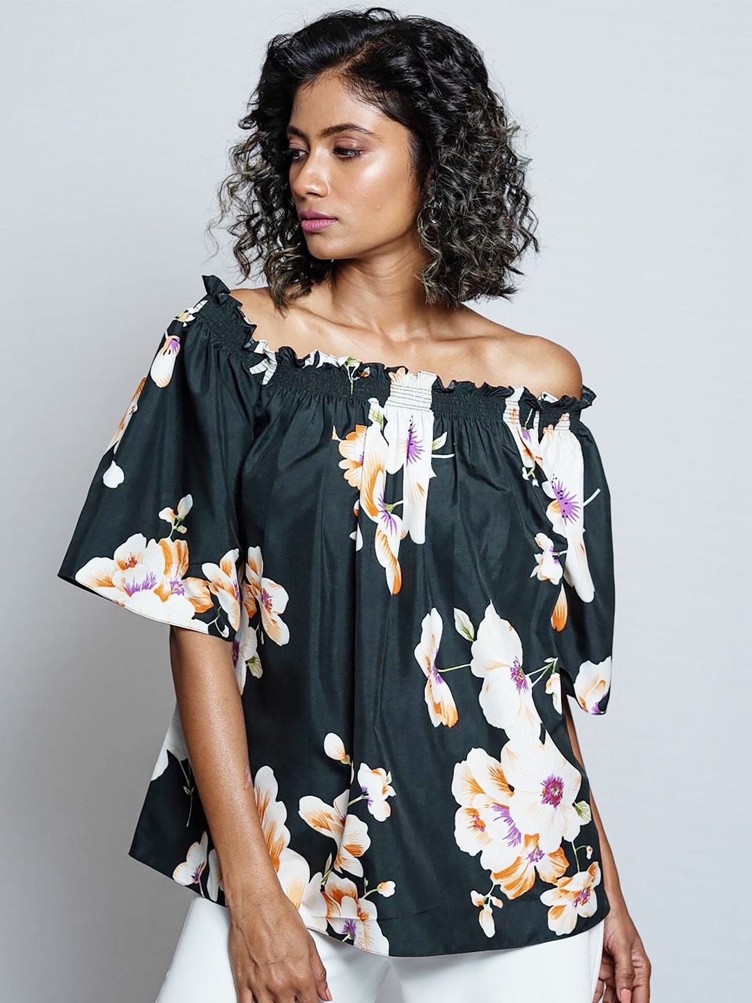 

MODWEE Floral Printed Off-Shoulder Bardot Top, Black