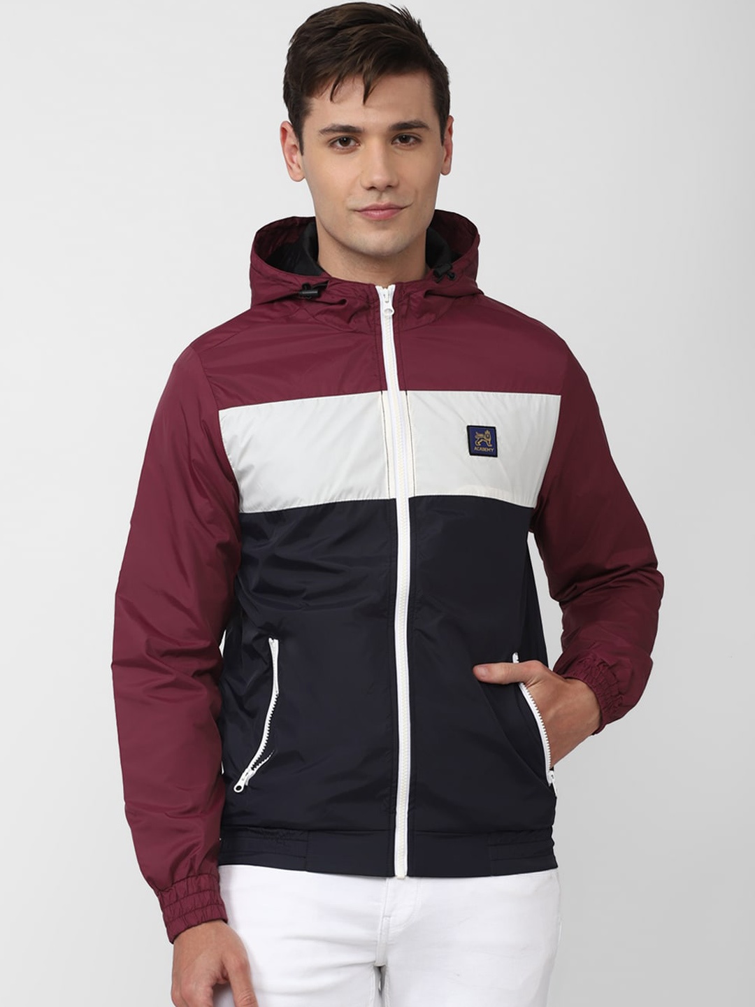 

Van Heusen ACADEMY Men Maroon White Colourblocked Sporty Jacket