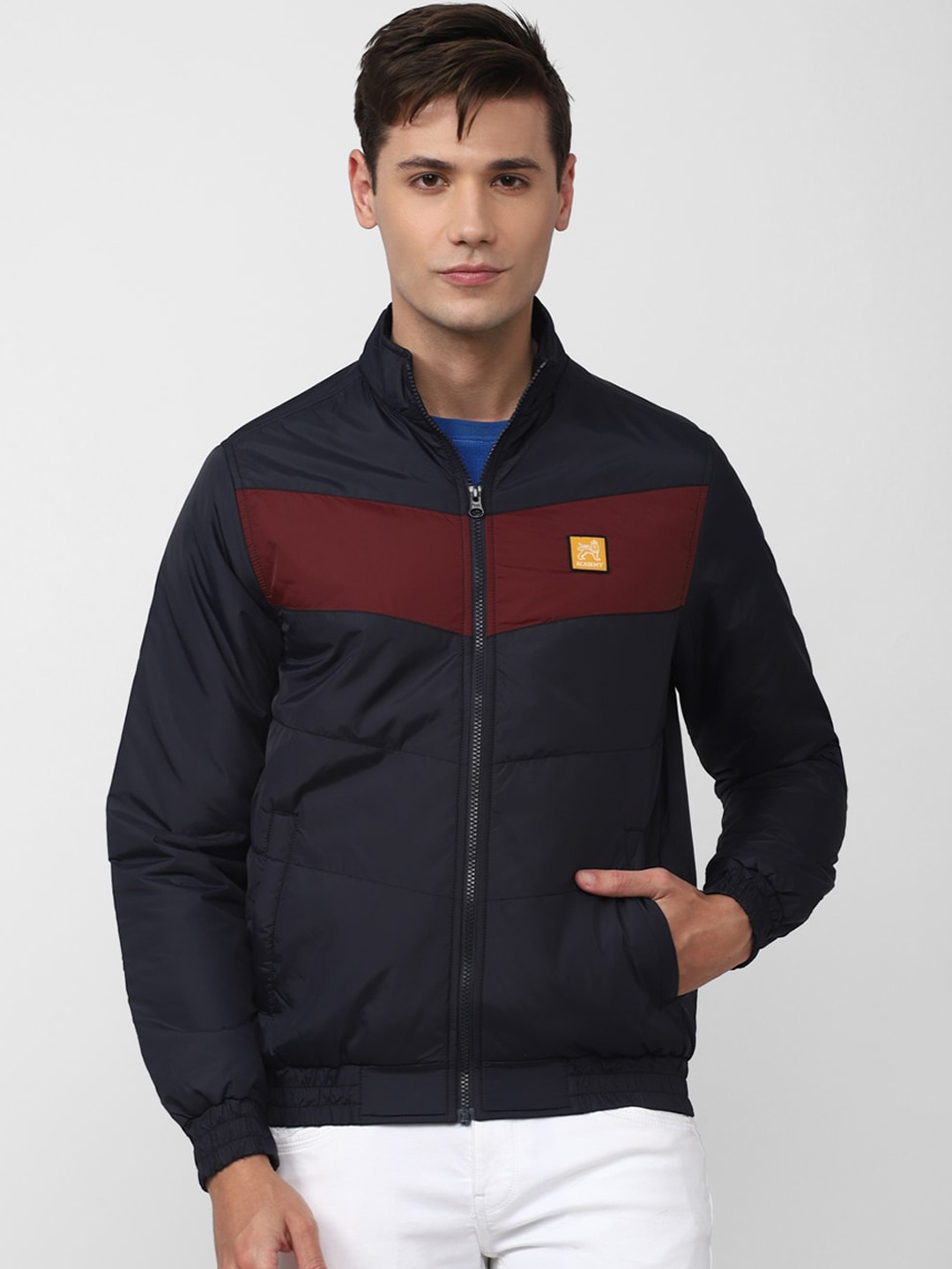 

Van Heusen ACADEMY Men Navy Blue Colourblocked Bomber Jacket