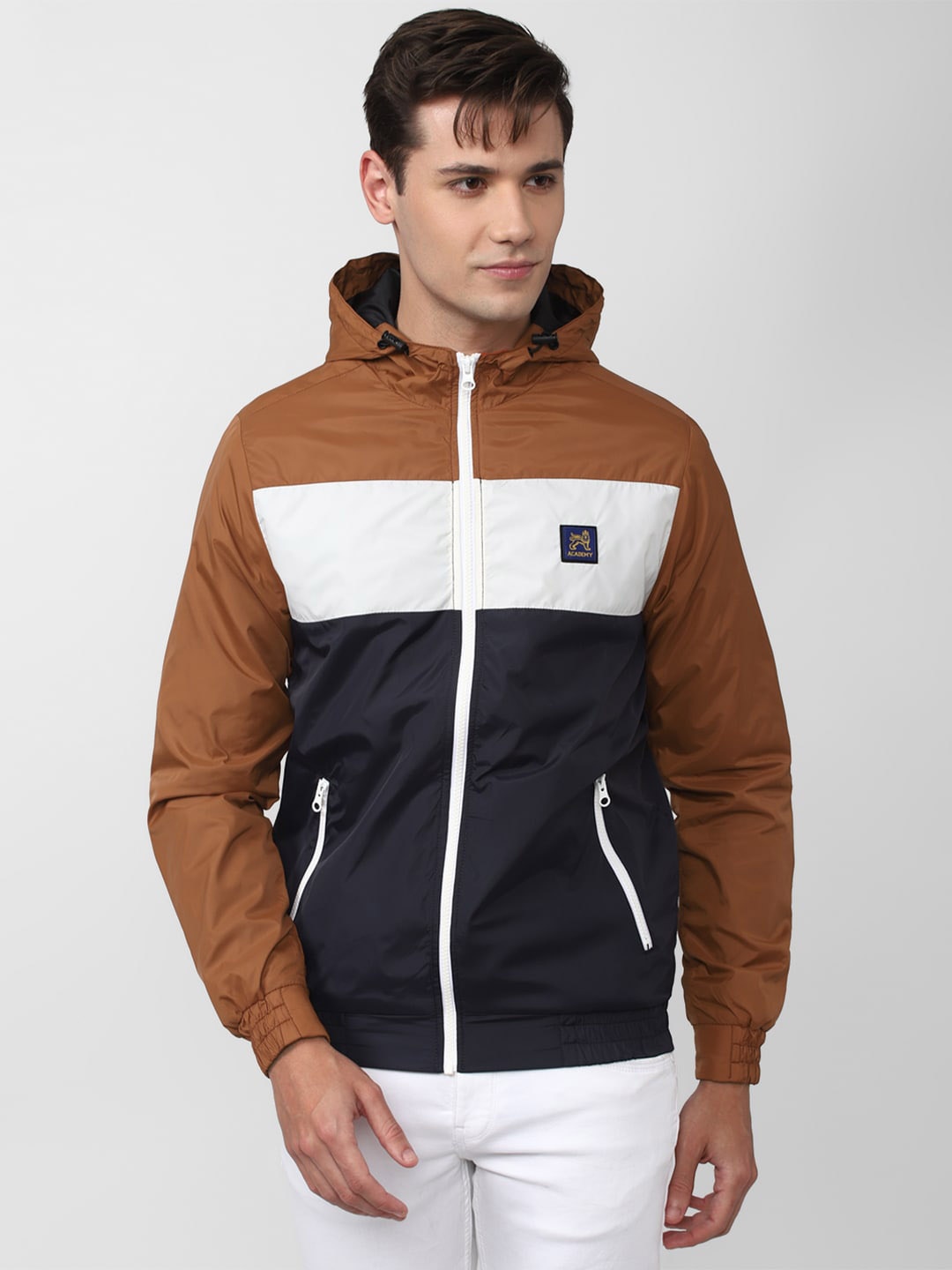 

Van Heusen ACADEMY Men Brown White Colourblocked Sporty Jacket