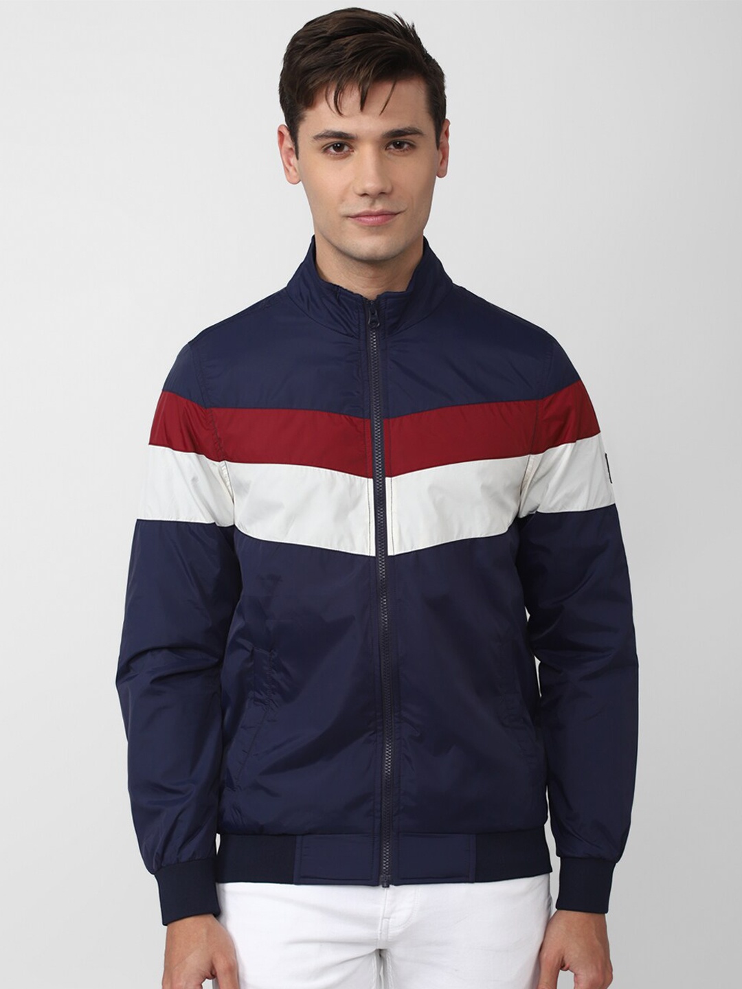 

Van Heusen ACADEMY Men White Colourblocked Sporty Jacket, Navy blue