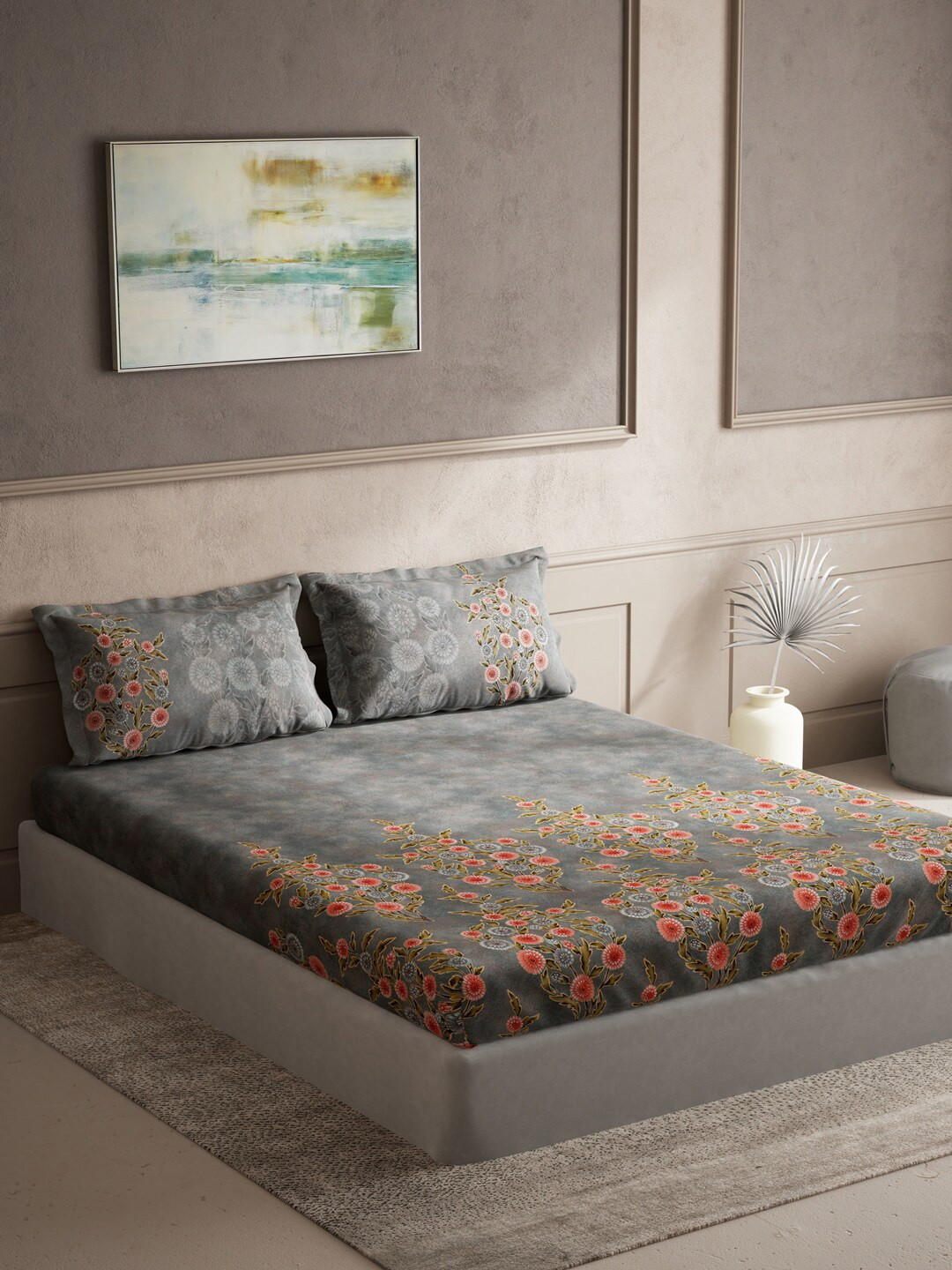 

DDecor Floral Printed 140 TC Cotton King Bedsheet with 2 Pillow Covers, Grey