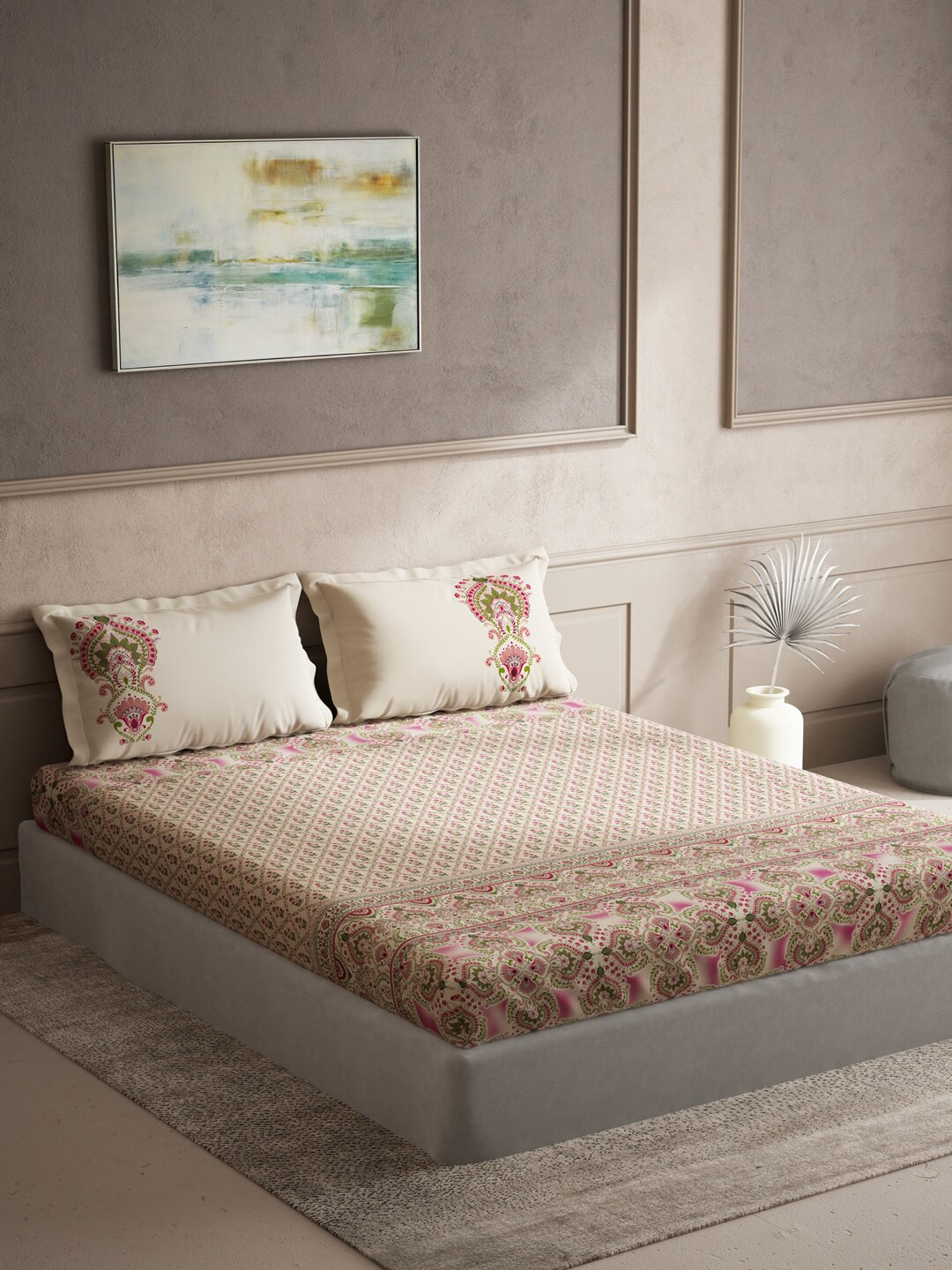 

DDecor Ethnic Motifs Printed 140 TC Cotton King Bedsheet with 2 Pillow Covers, Beige