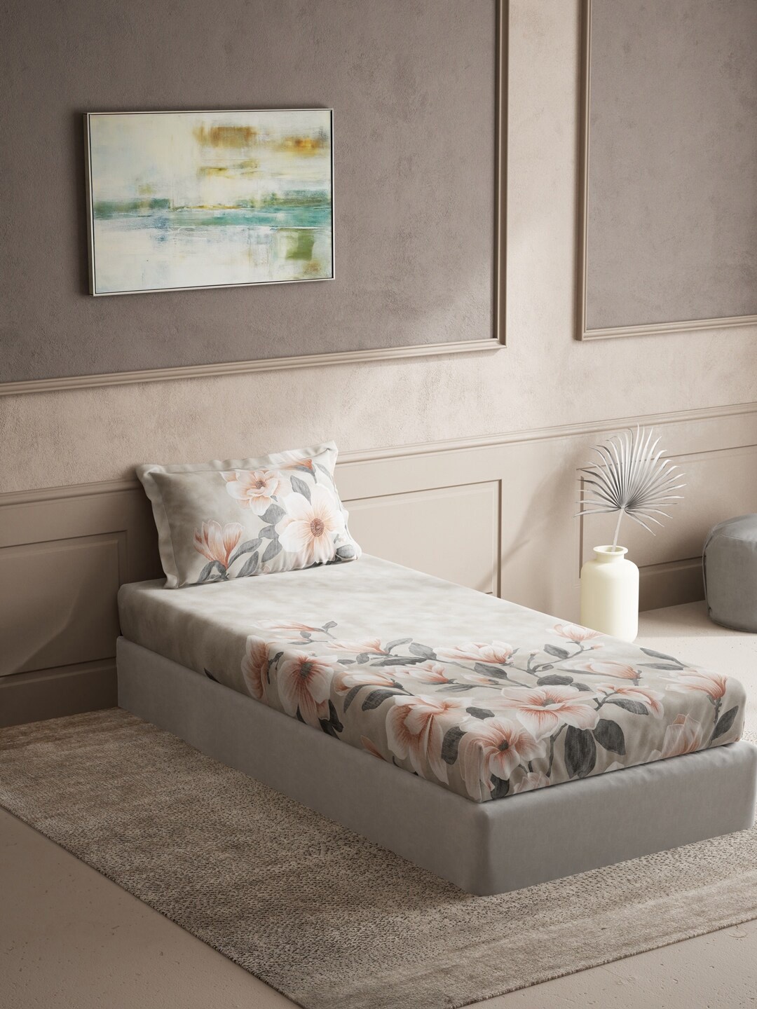 

DDecor Floral Printed 150 TC Cotton Single Bedsheet with 1 Pillow Cover, Grey