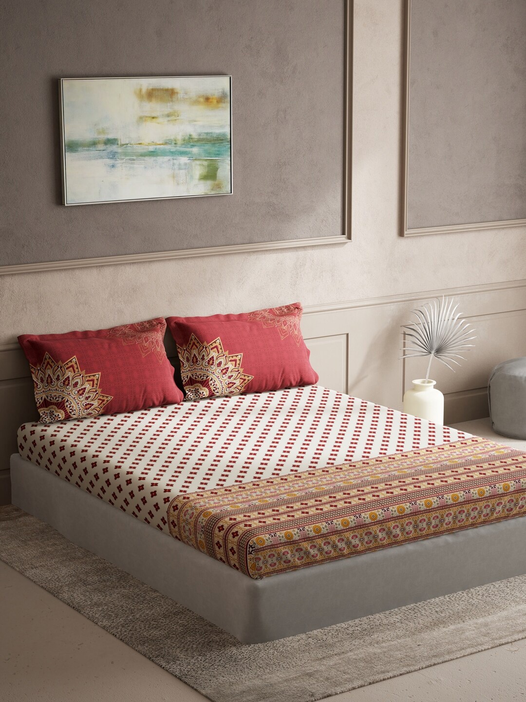 

DDecor Ethnic Motifs Printed 140 TC Cotton King Bedsheet with 2 Pillow Covers, Beige