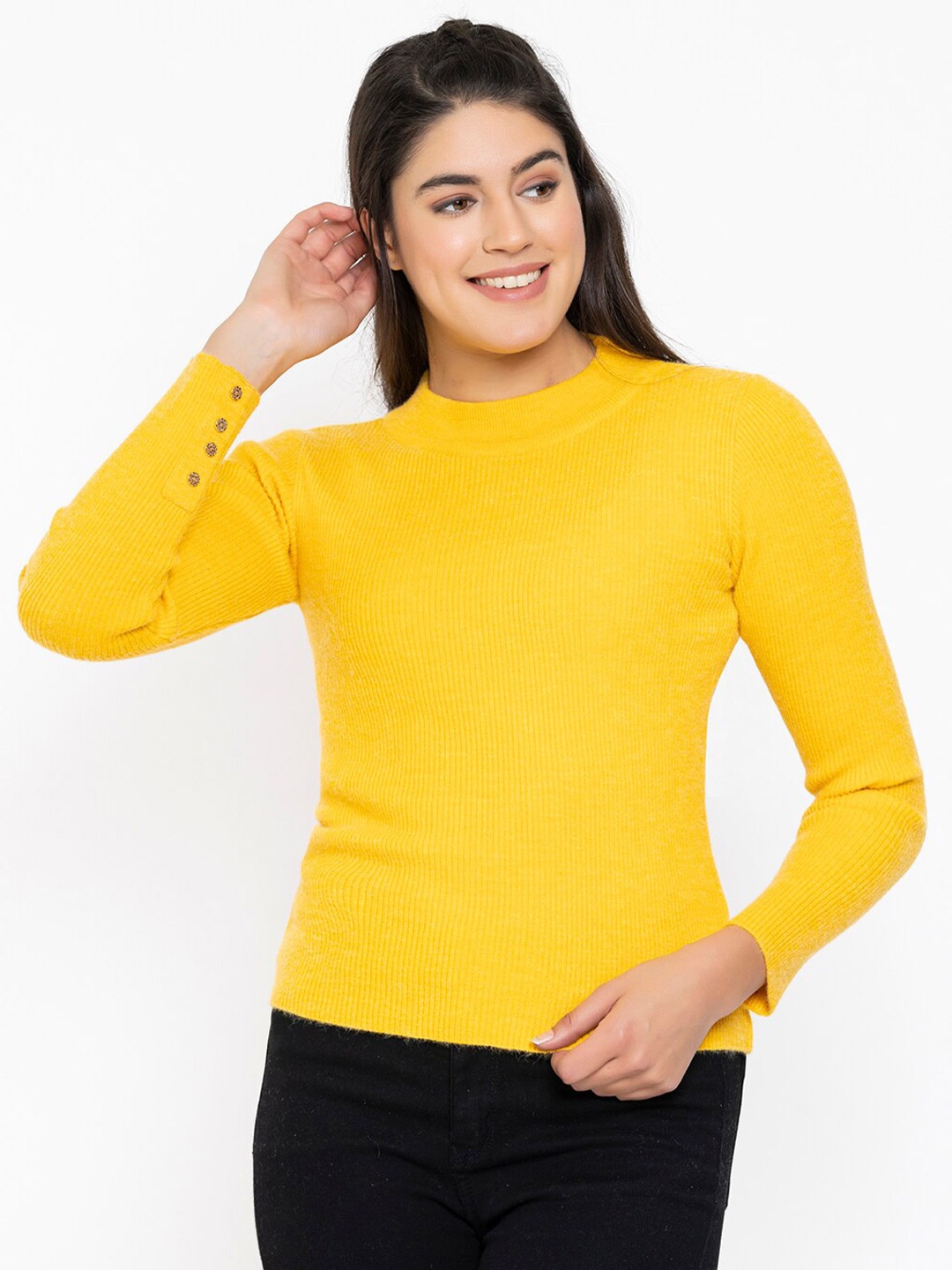 

RVK Women Ribbed Acrylic Pullover, Yellow