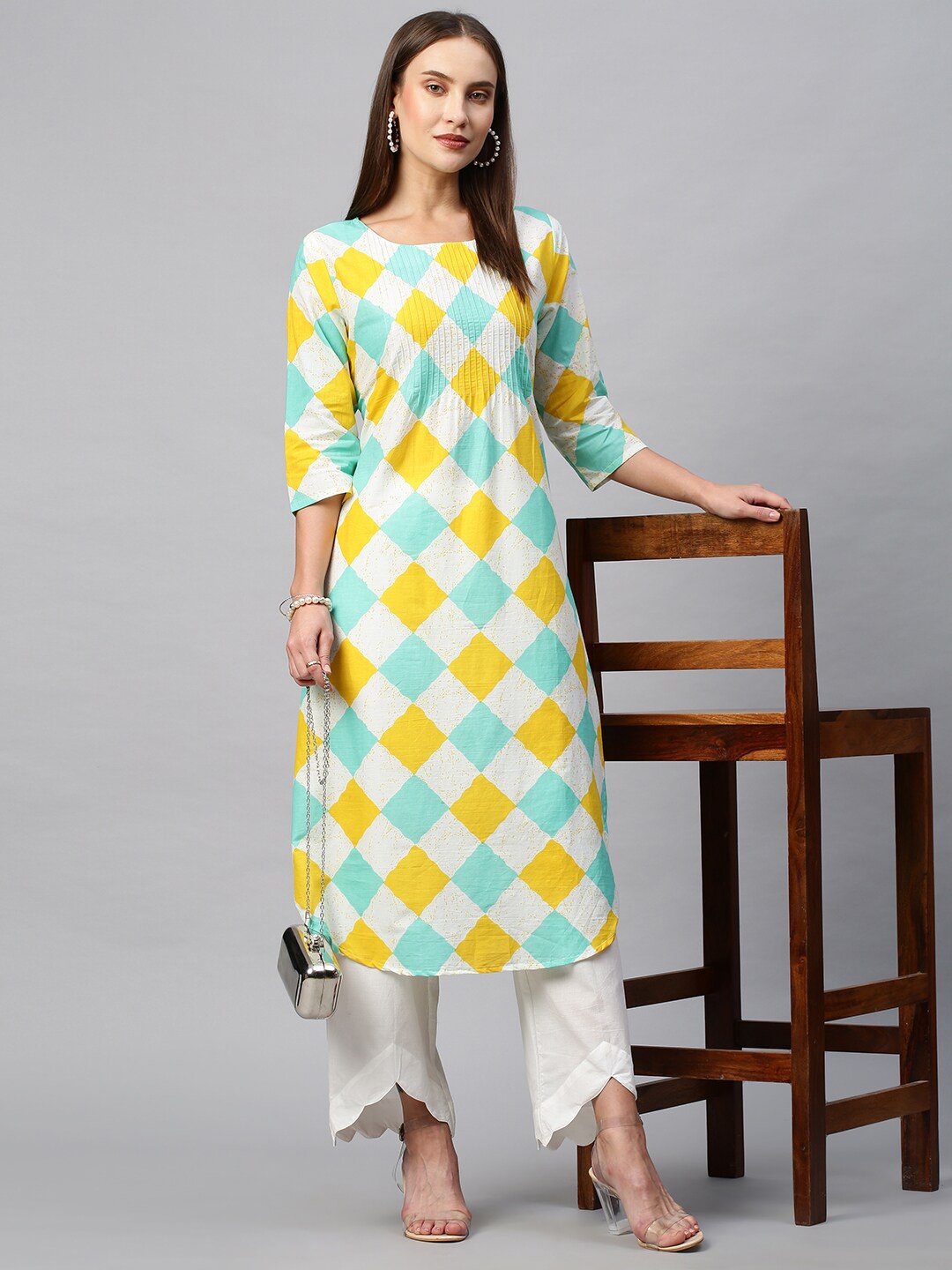 

INDYES Women Printed Pure Cotton Kurta with Palazzos, White