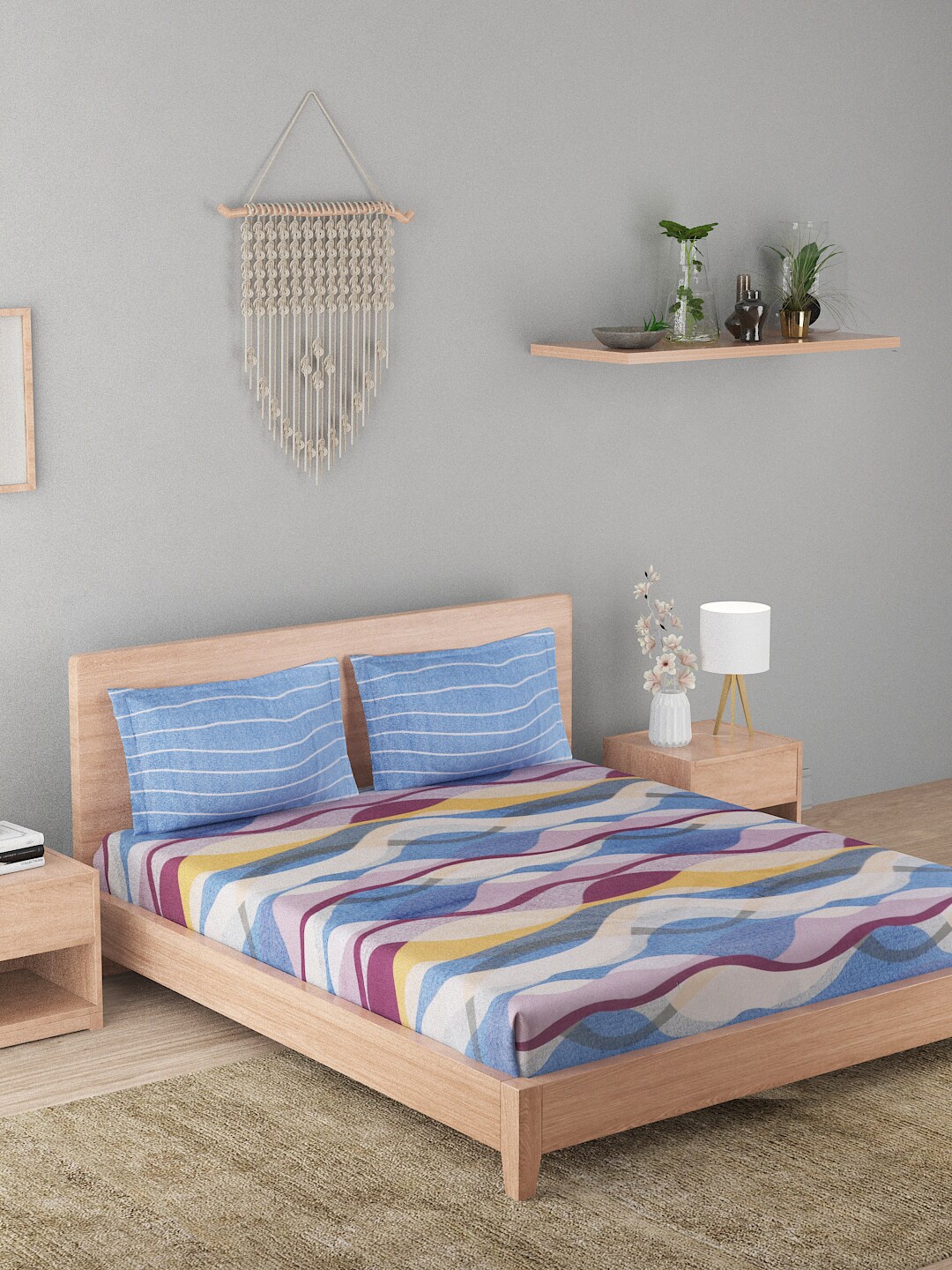 

A Homes Grace Lilac Blue & Pink Striped 144 TC Cotton Queen Bedsheet with 2 Pillow Covers