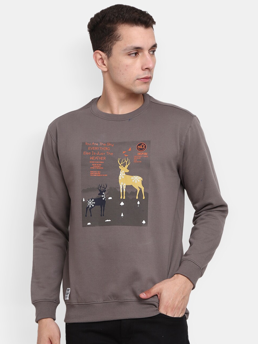 

V-Mart Men Printed Round Neck Cotton Sweatshirt, Grey