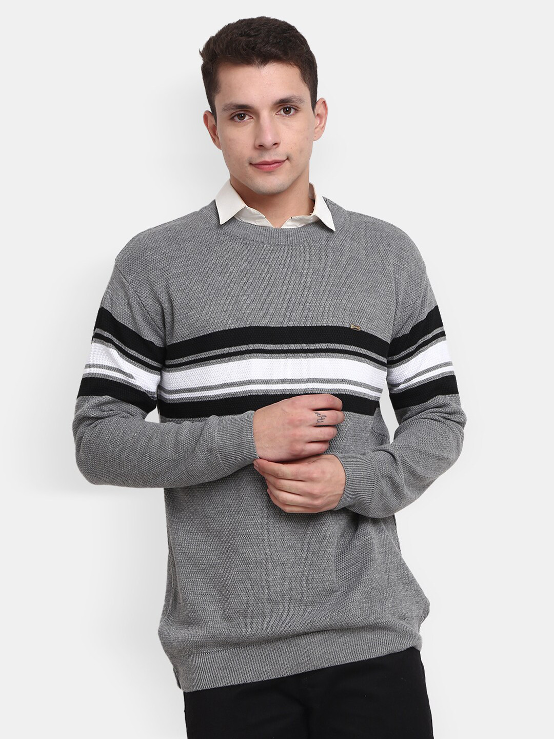 

V-Mart Men Striped Round Neck Pullover Acrylic Sweatshirt, Grey