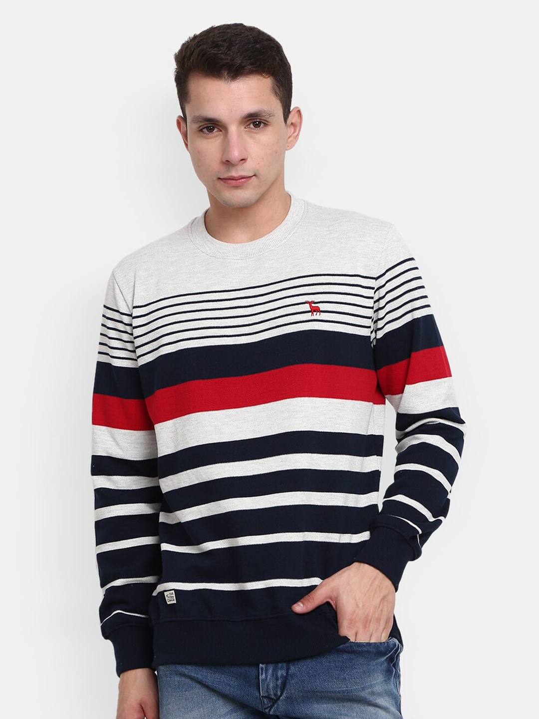 

V-Mart Men Striped Round Neck Pullover Sweatshirt, White