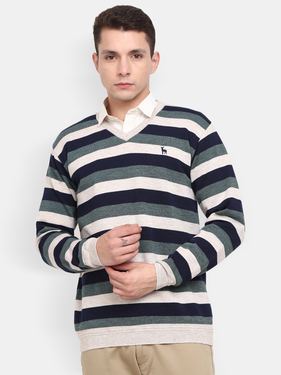 

V-Mart Men Striped Fleece V Neck Pullover Sweatshirt, Navy blue