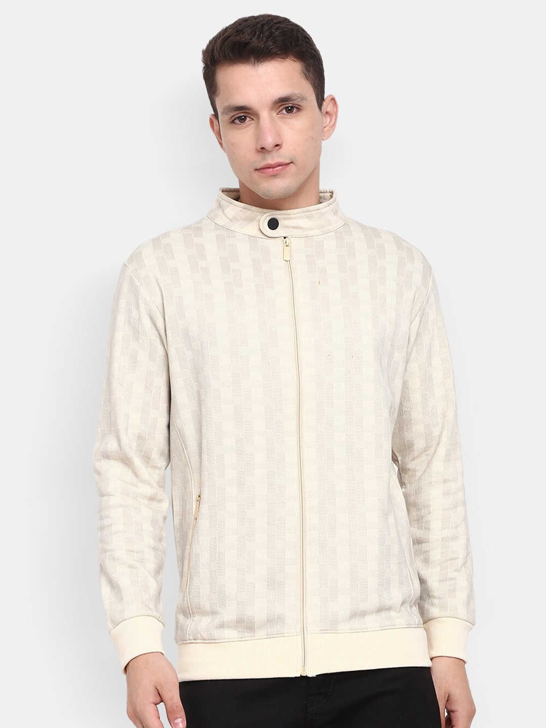 

V-Mart Front-Open Mock Collar Sweatshirt, Beige