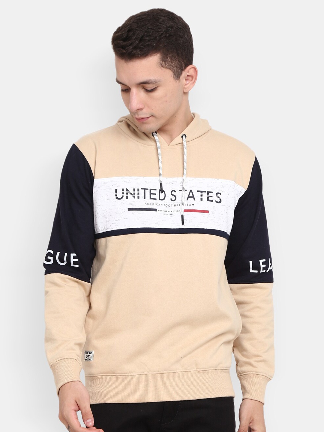 

V-Mart Men Printed Cotton Hooded Sweatshirt, Beige