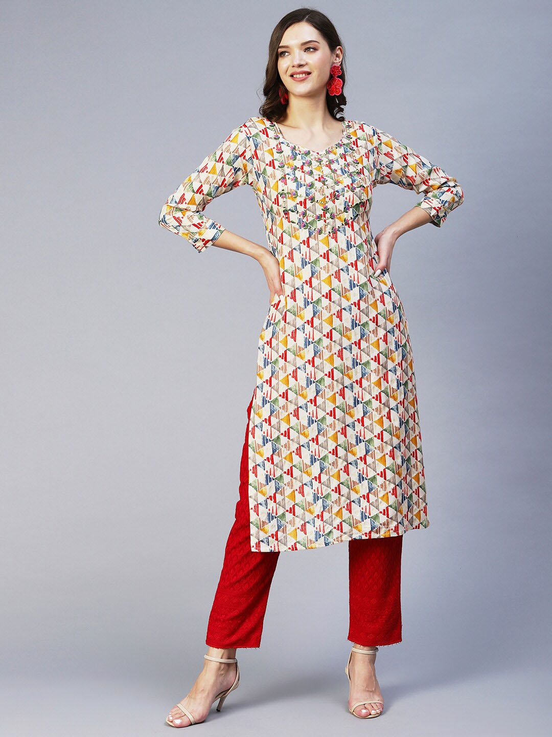 

FASHOR Geometric Printed Kurta, Off white