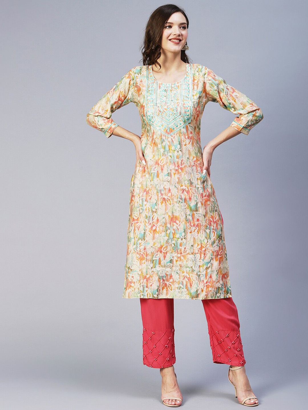 

FASHOR Abstract Printed Kurta, Beige