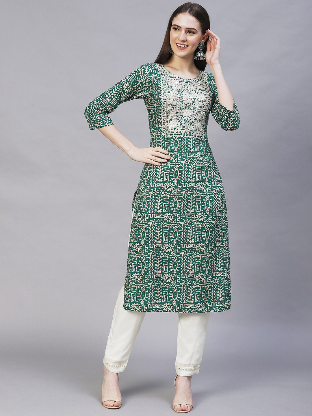 

FASHOR Women Tribal Printed Kurta, Green