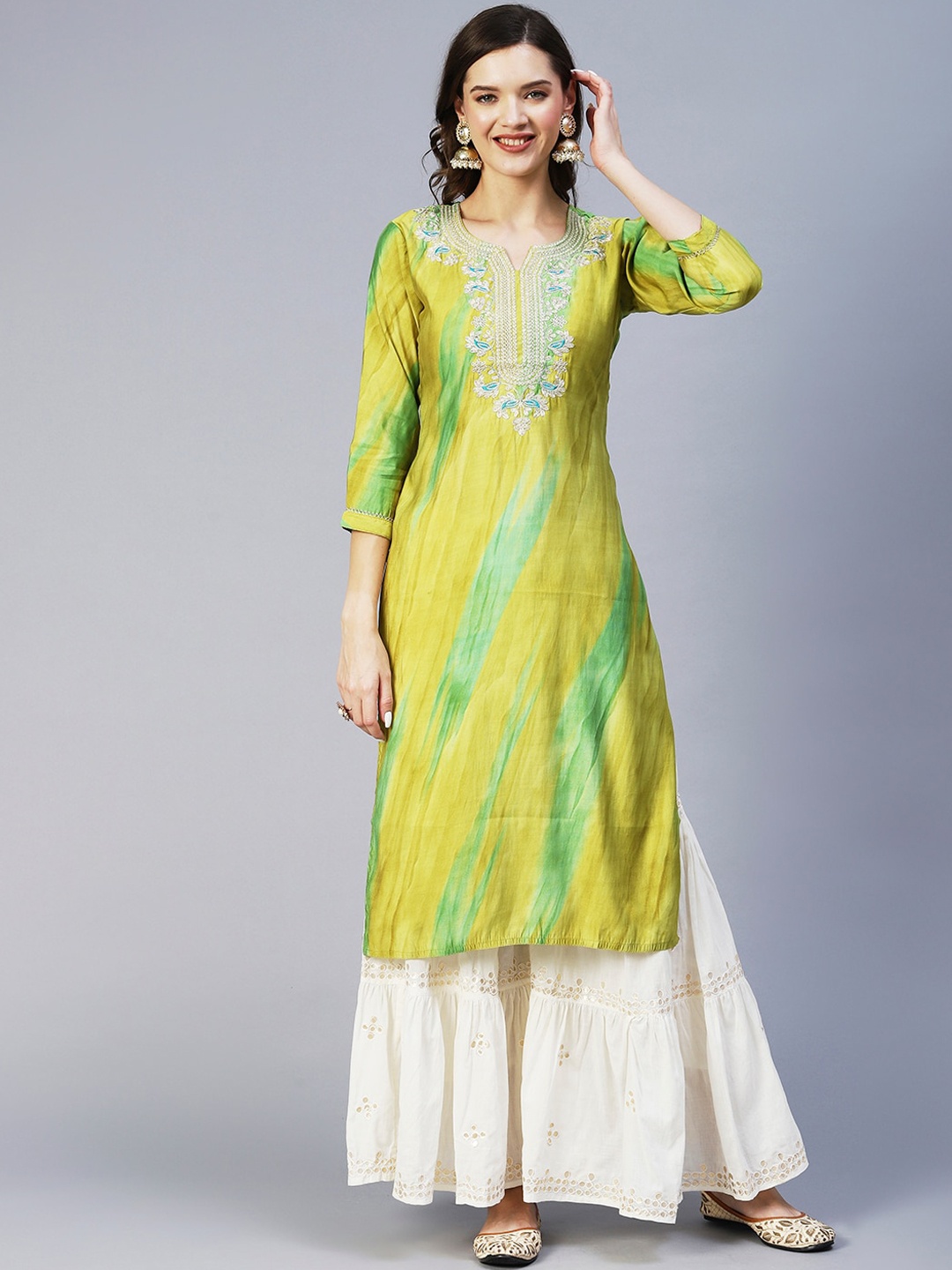 

FASHOR Women Ethnic Motifs Yoke Design Silk Kurta, Lime green