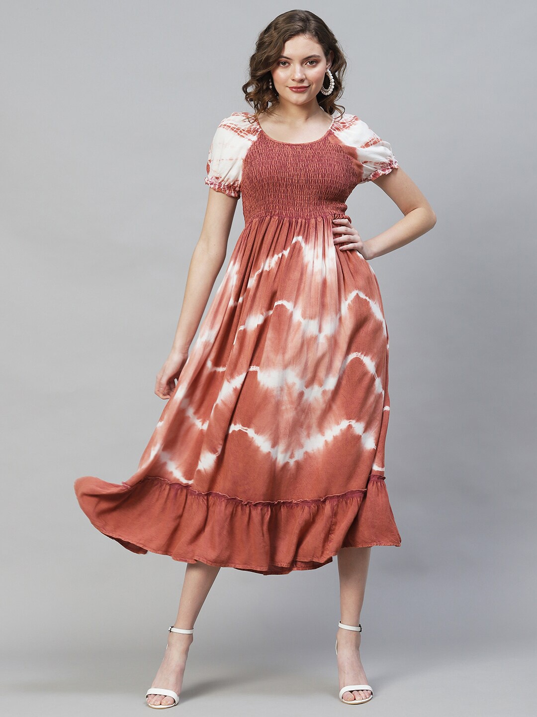 

FASHOR Dyed Smocking Flared Midi Dress, Brown
