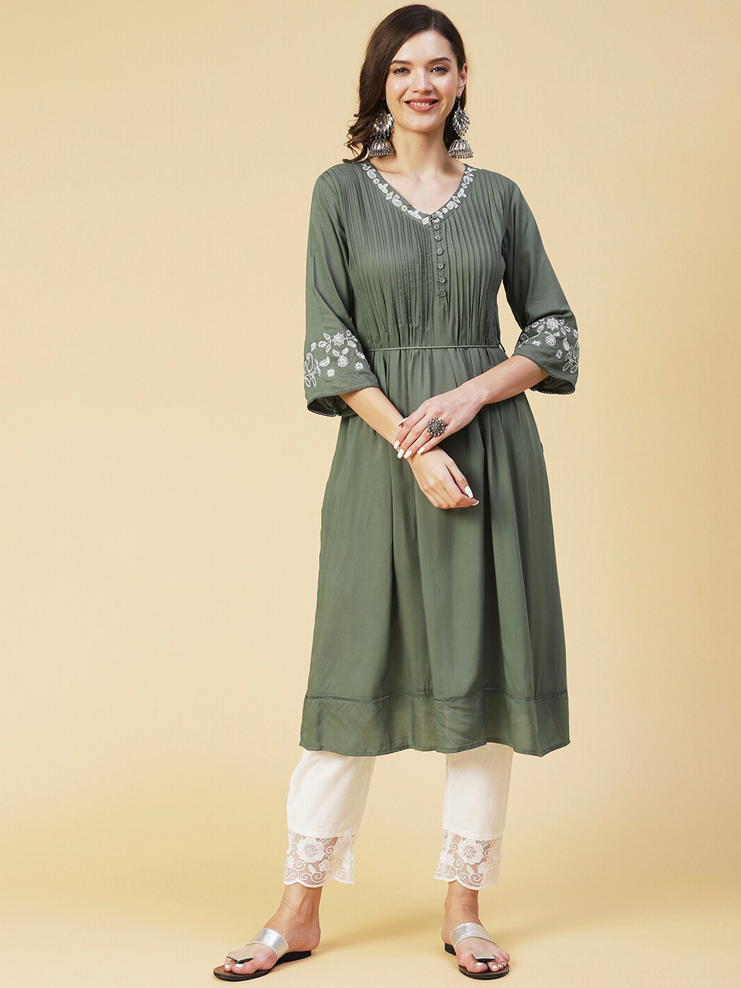 

FASHOR Women Ethnic Motifs Yoke Design Thread Work Anarkali Kurta, Olive
