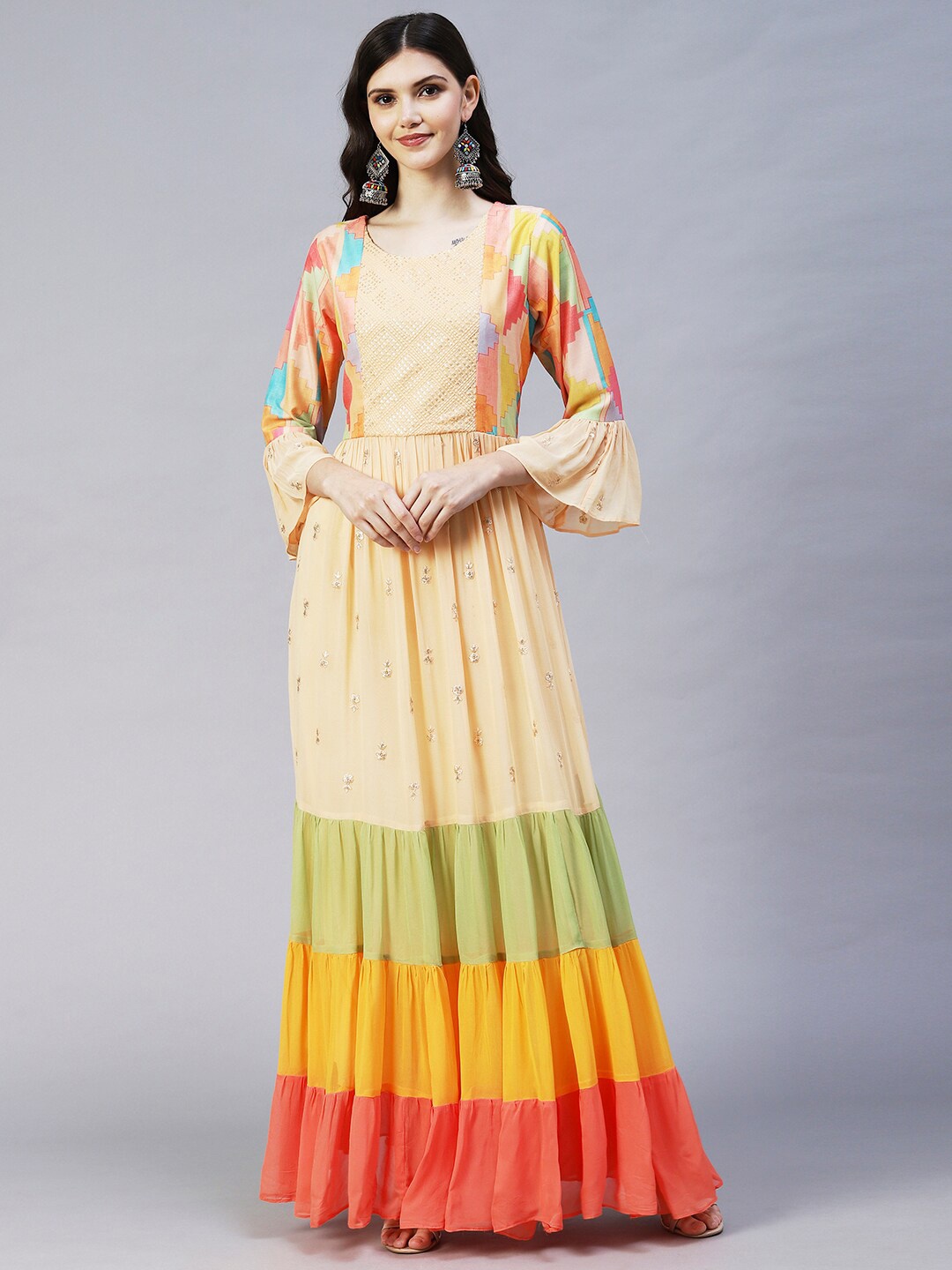 

FASHOR Cream-Coloured Colourblocked Georgette Ethnic Maxi Dress