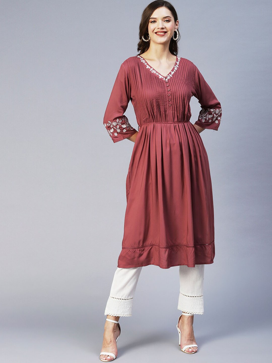 

FASHOR Women Ethnic Motifs Yoke Design Anarkali Kurta, Mauve