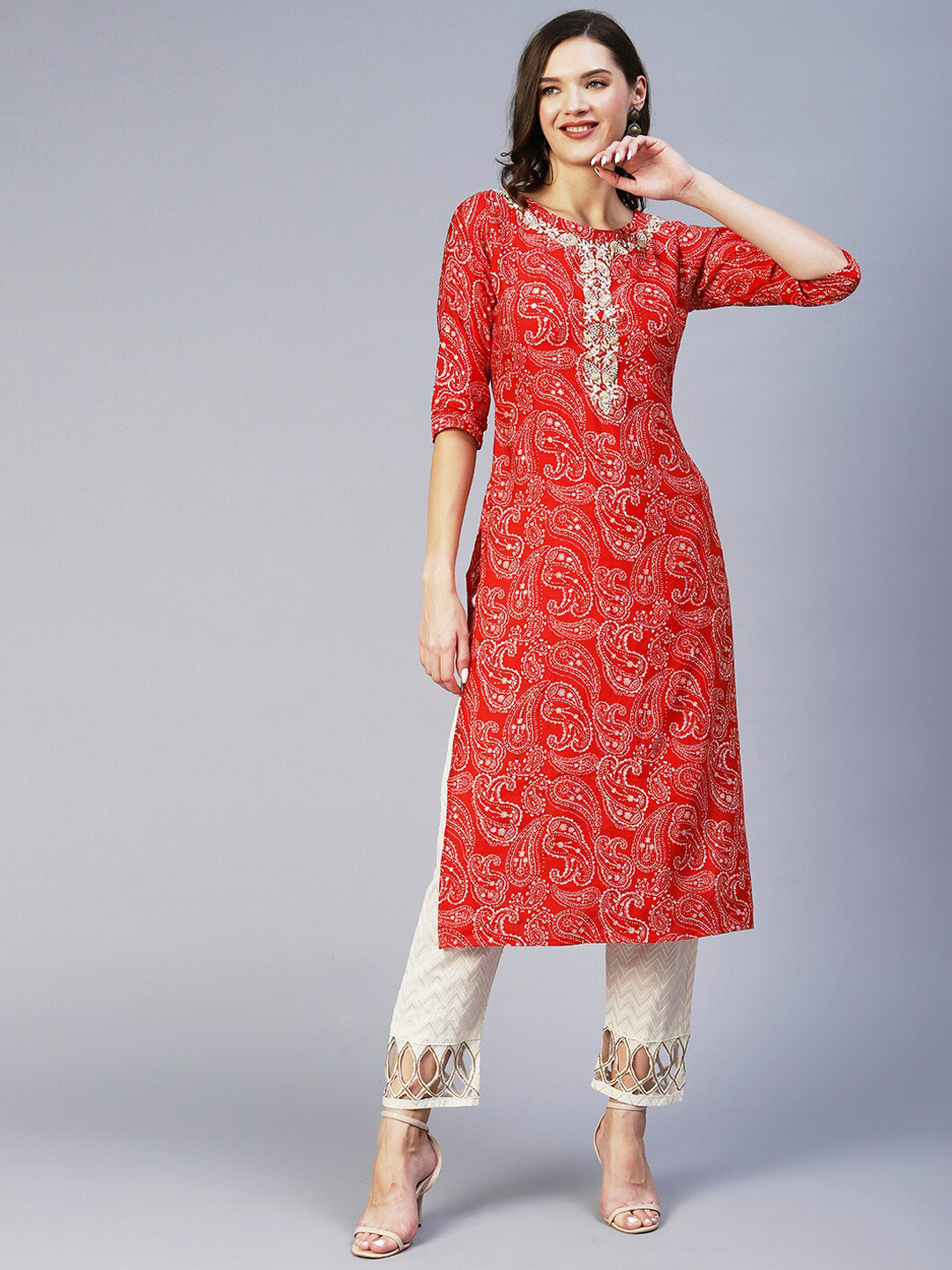 

FASHOR Women Pisley Printed Cotton Kurta, Red