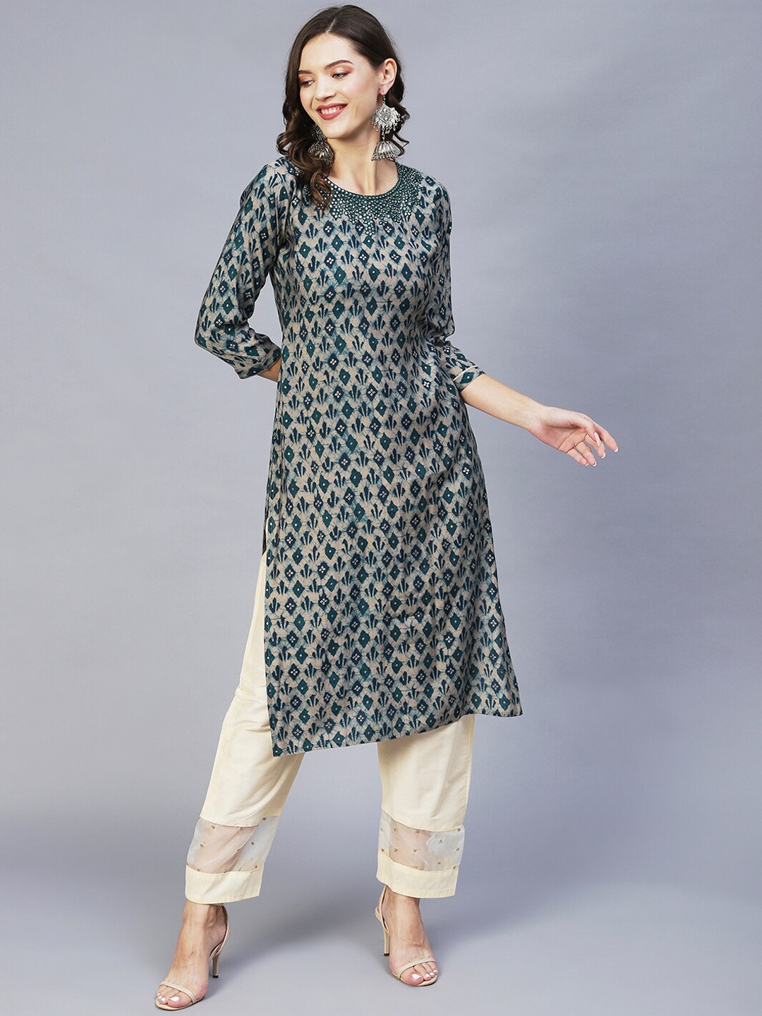 

FASHOR Women Printed Silk Kurta, Teal