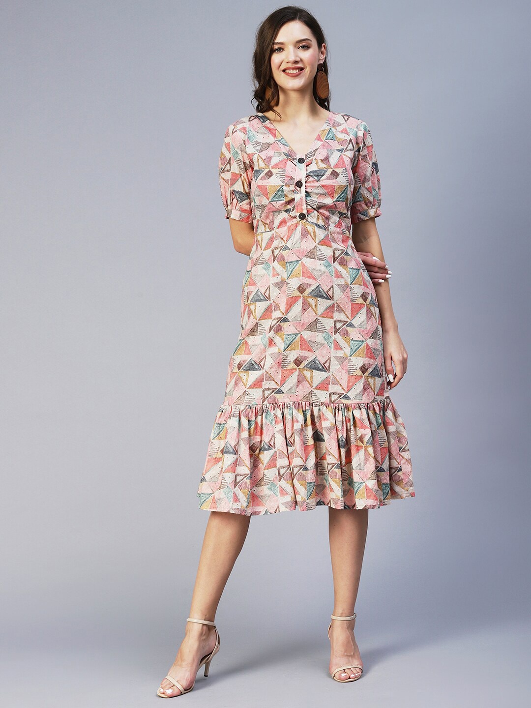 

FASHOR Cream-Coloured Cotton A-Line Midi Dress