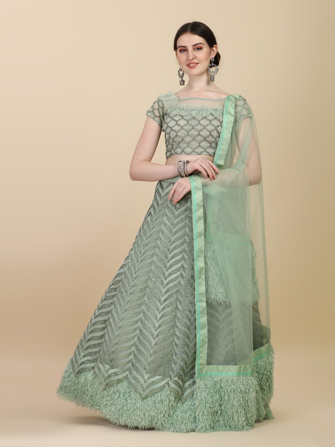 

Fab Viva Embroidered Thread Work Semi-Stitched Lehenga & Unstitched Blouse With Dupatta, Sea green