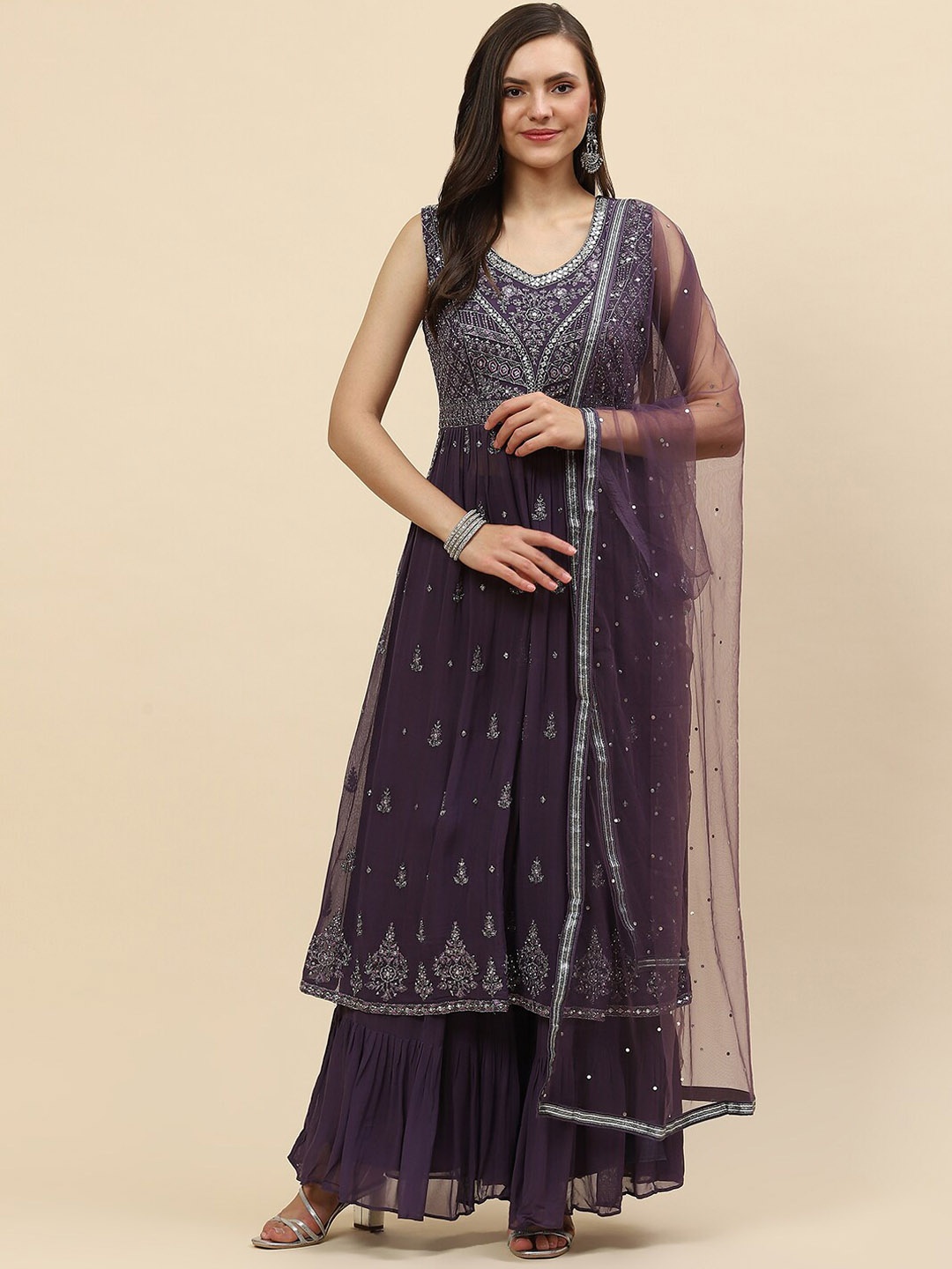 

Meena Bazaar Women Floral Embroidered High Slit Kurta with Palazzos & Dupatta, Purple