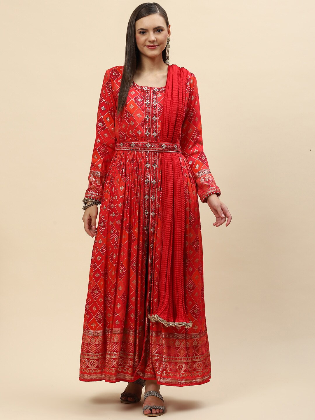 

Meena Bazaar Women Ethnic Motifs Printed Kurta with Trousers & With Dupatta, Red