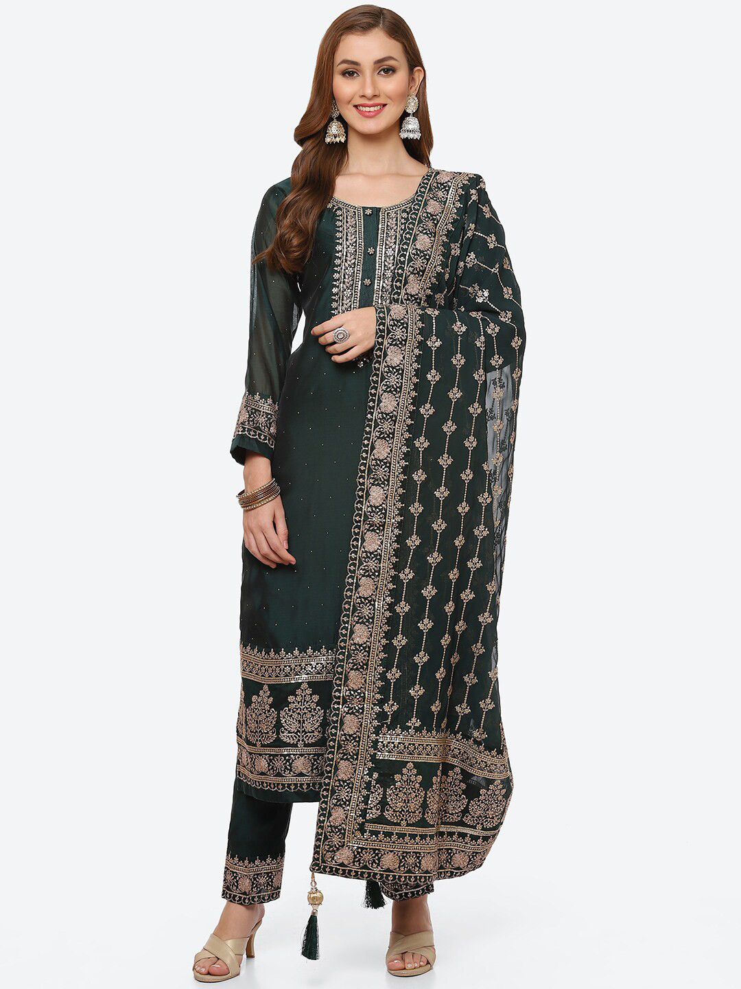 

Meena Bazaar Women Floral Embroidered Sequinned Kurta with Trousers & Dupatta, Green
