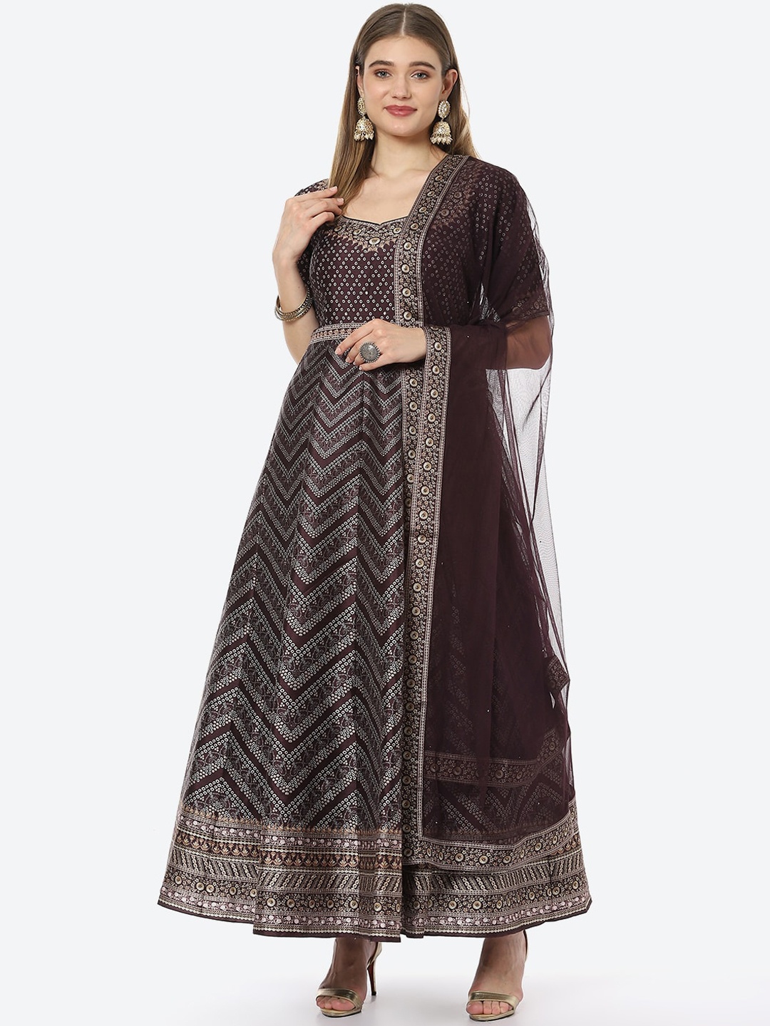 

Meena Bazaar Women Burgundy Printed Angrakha Kurta with Churidar & With Dupatta