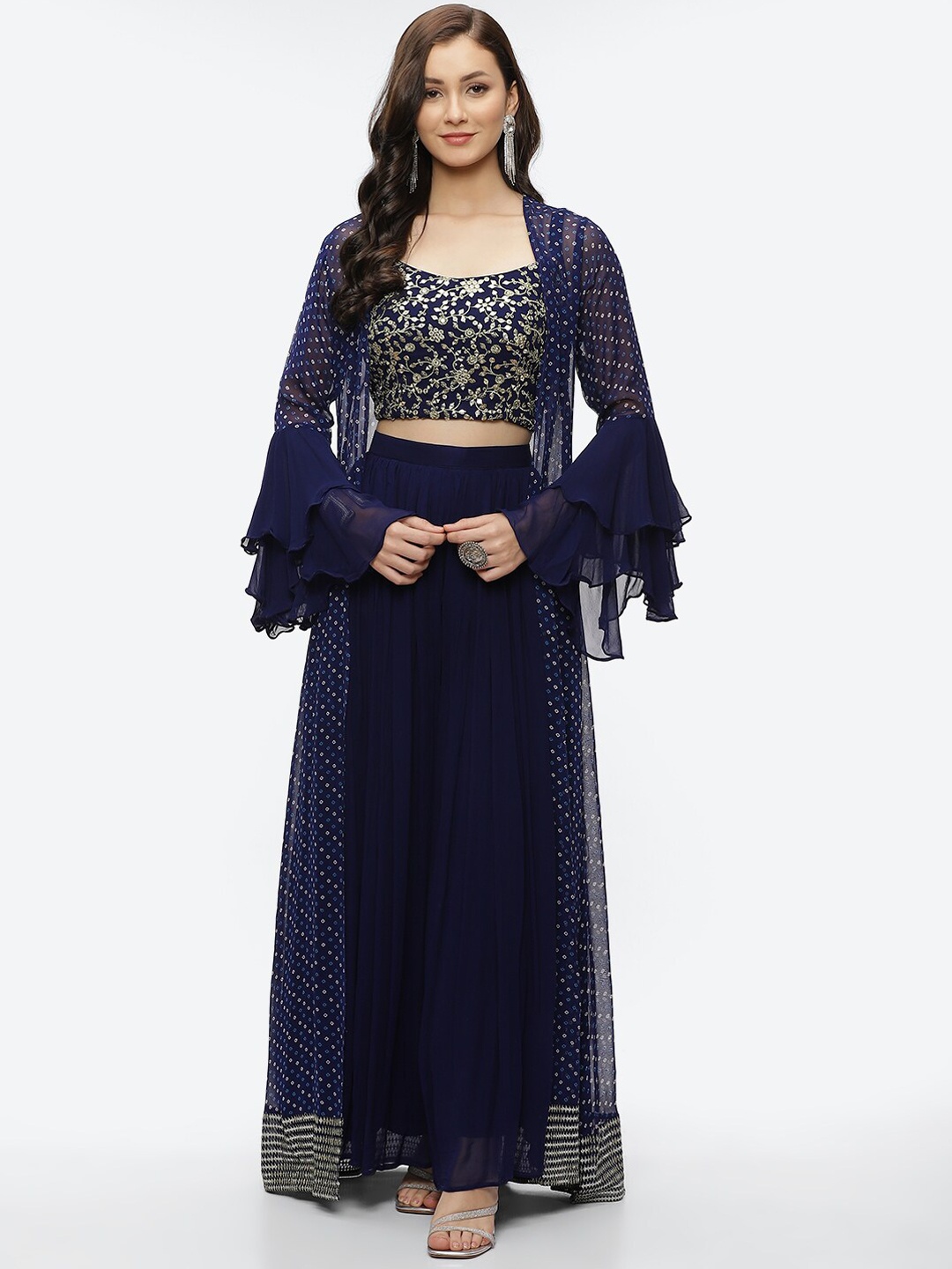 

Meena Bazaar Women Navy Blue Floral Embroidered Thread Work Top with Palazzos