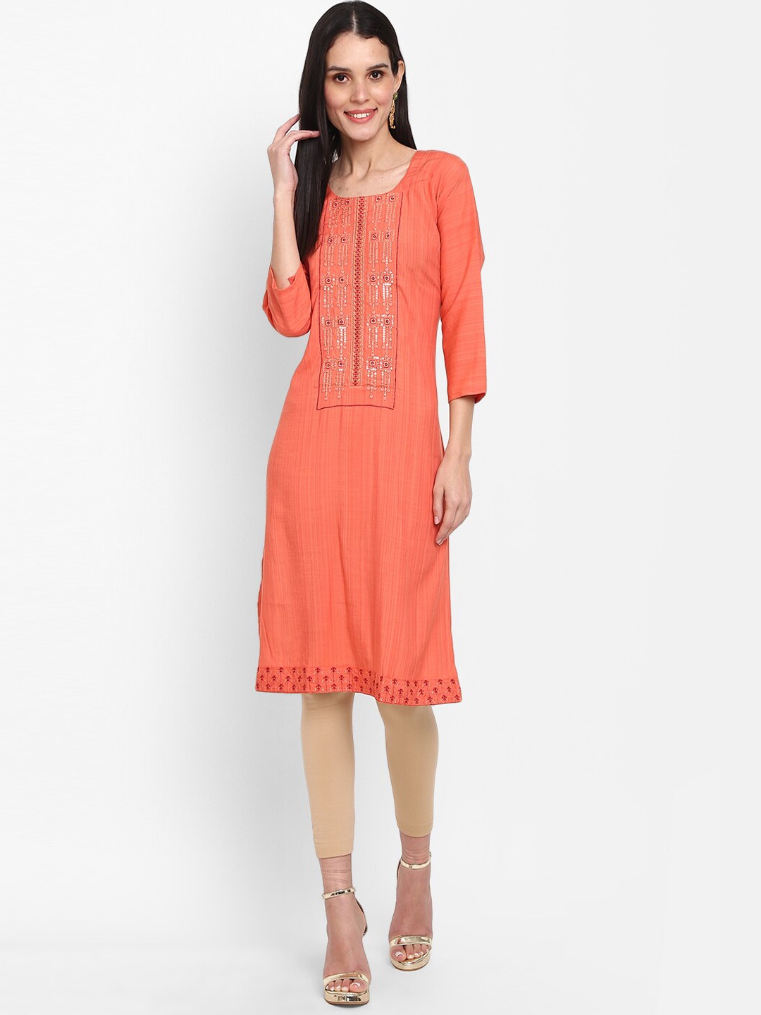 

V-Mart Ethnic Motifs Thread Work Kurta, Orange
