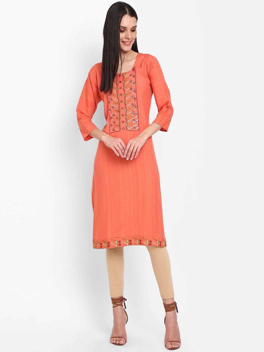 

V-Mart Ethnic Motifs Yoke Design Thread Work Kurta, Orange