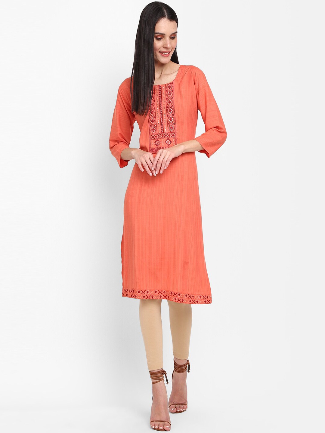 

V-Mart Women Thread Work Kurta, Orange
