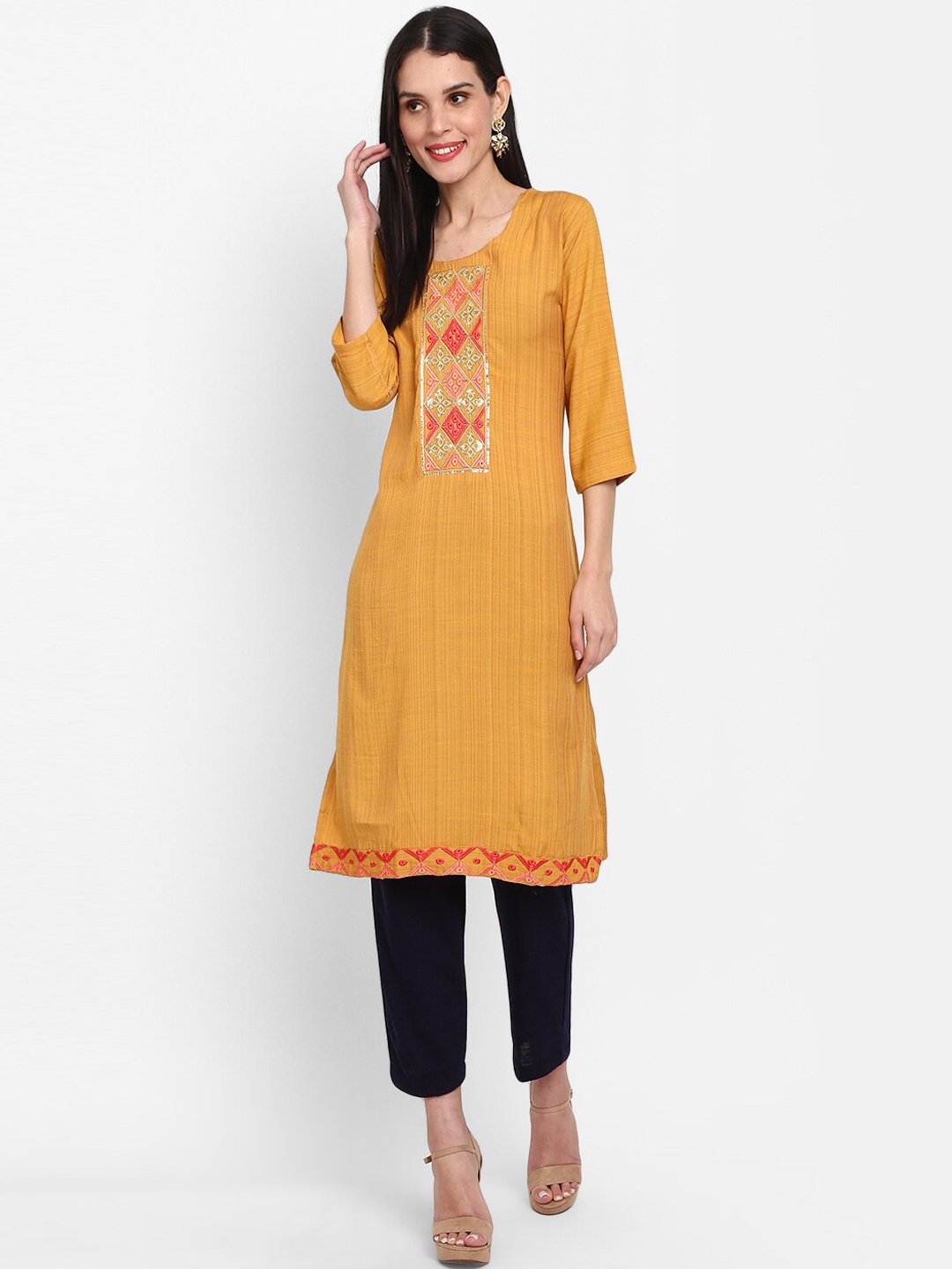 

V-Mart Women Thread Work Kurta, Yellow