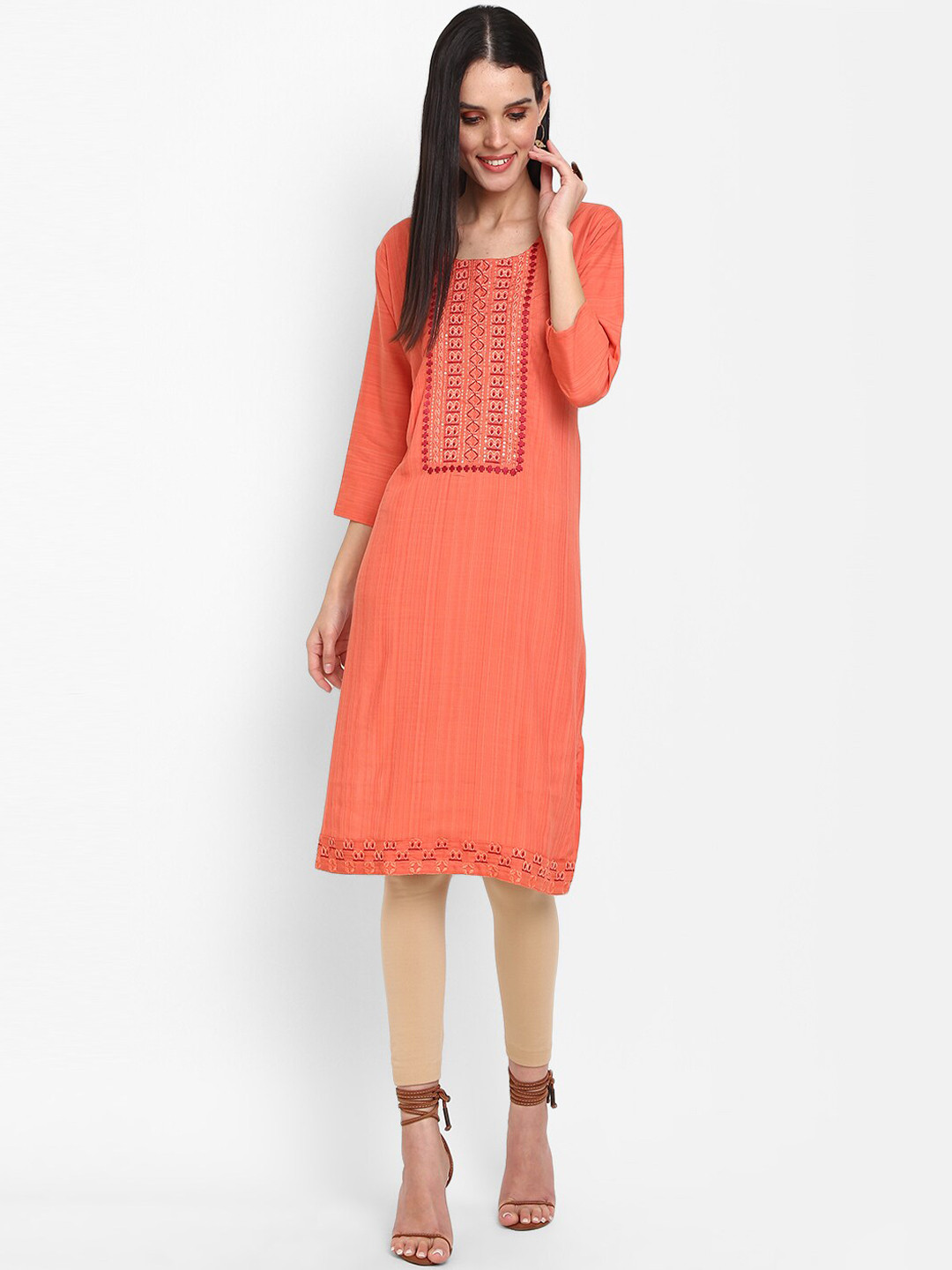 

V-Mart Embroidered Thread Work Kurta, Orange