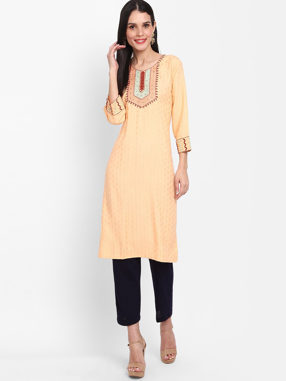 

V-Mart Ethnic Motifs Yoke Design Thread Work Kurta, Beige