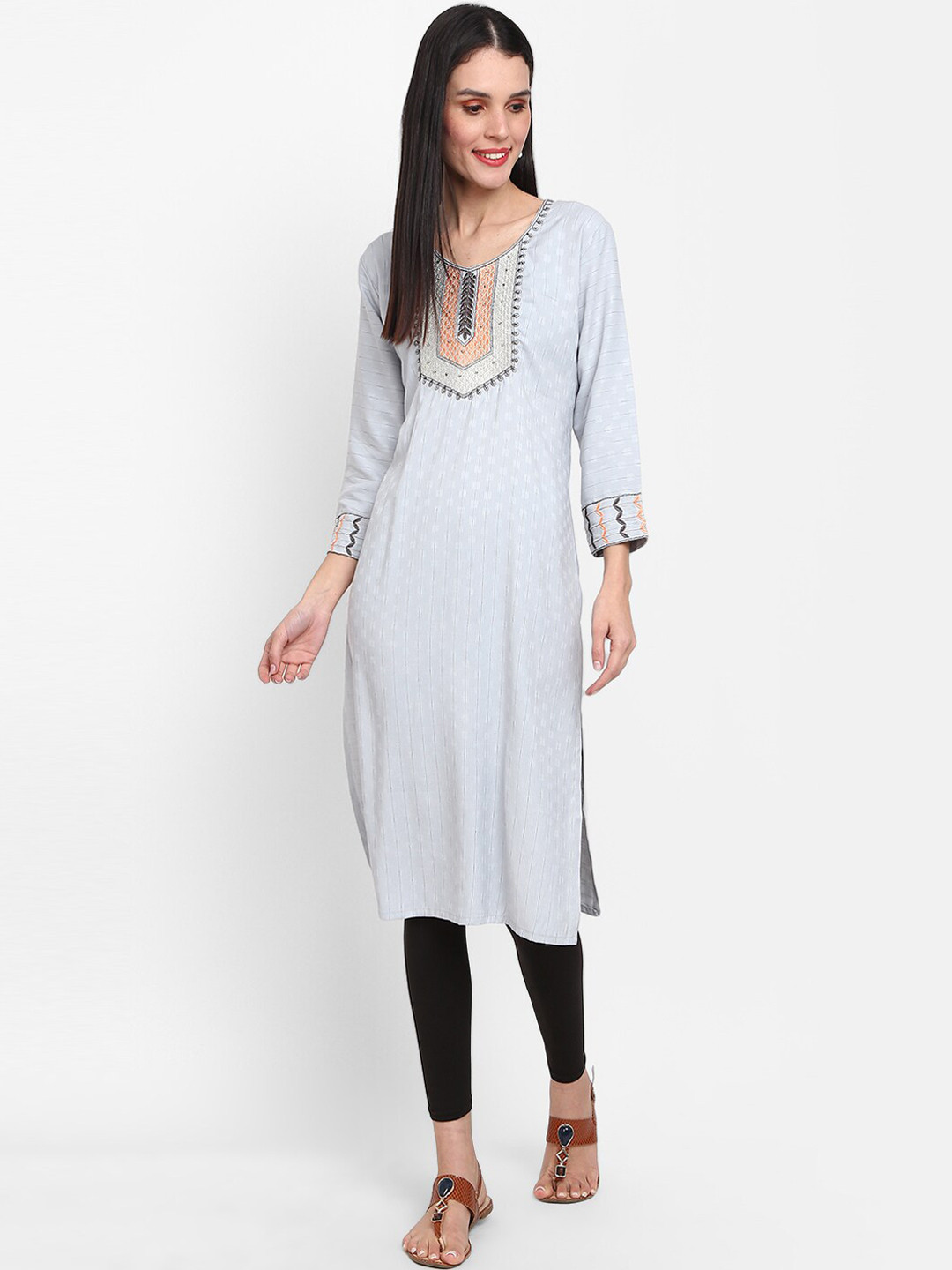 

V-Mart Ethnic Motifs Embroidered Kurta, Grey