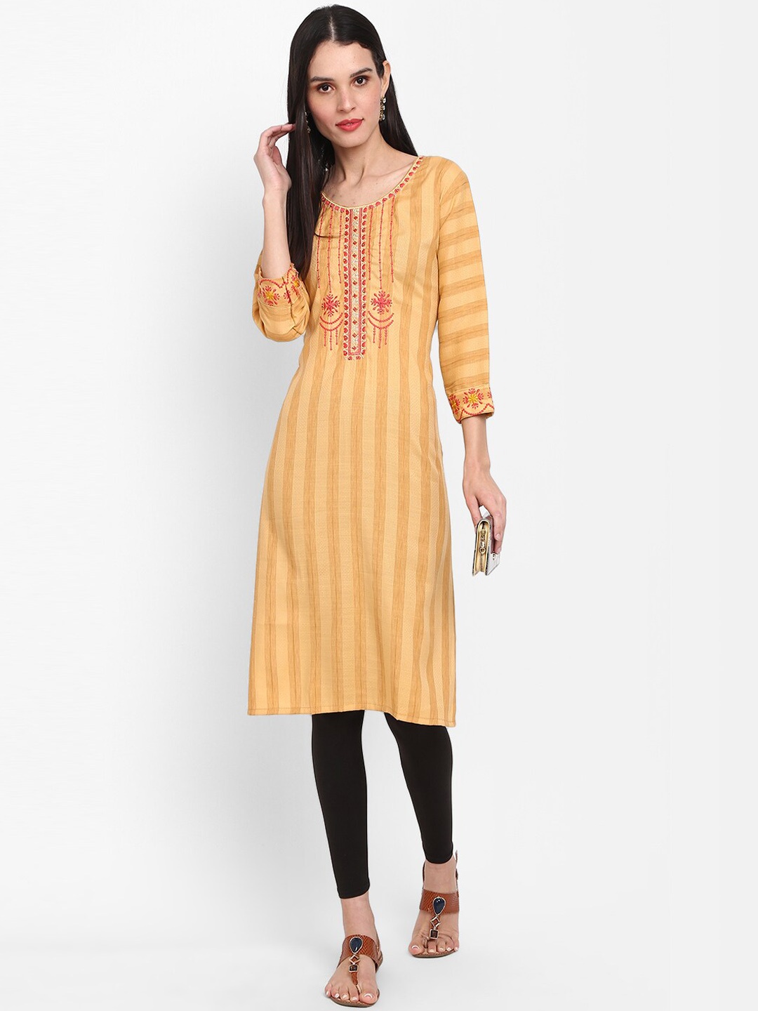 

V-Mart Ethnic Motifs Thread Work Kurta, Beige