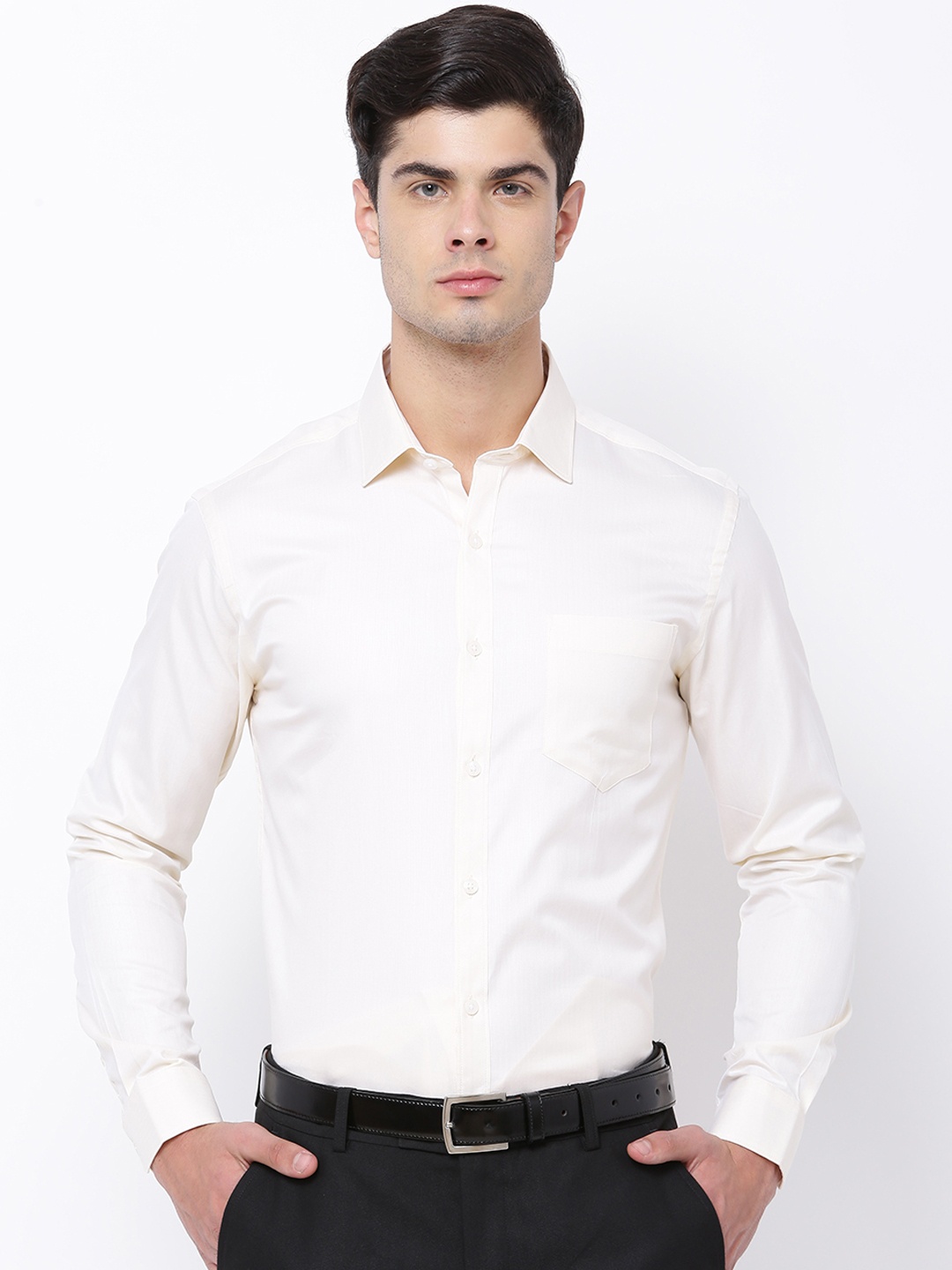 

Black coffee Men Cream-Coloured Slim Fit Solid Formal Shirt