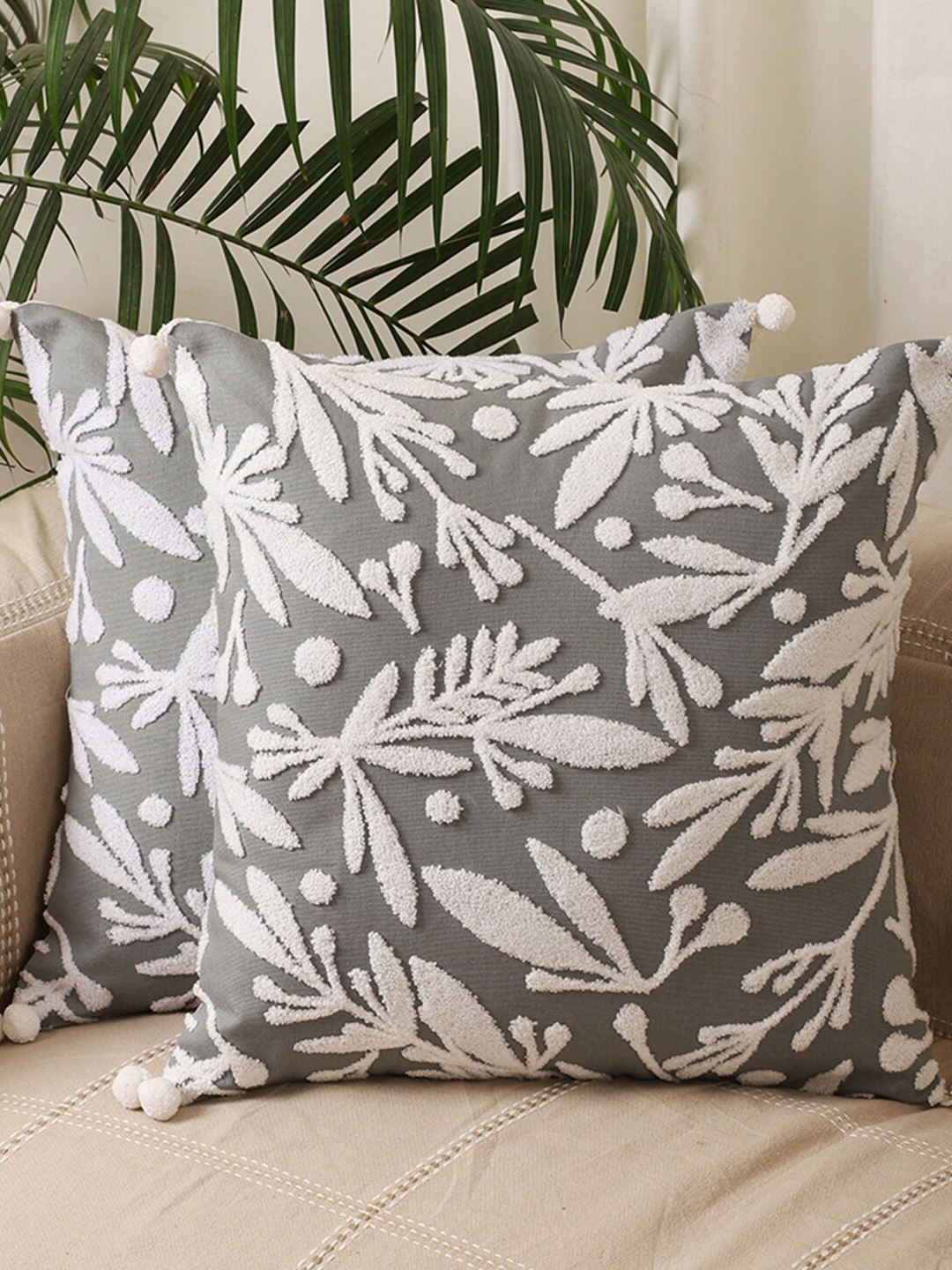 

Jamio Firati Grey & White 2 Pieces Floral Embroidery Square Cushion Covers