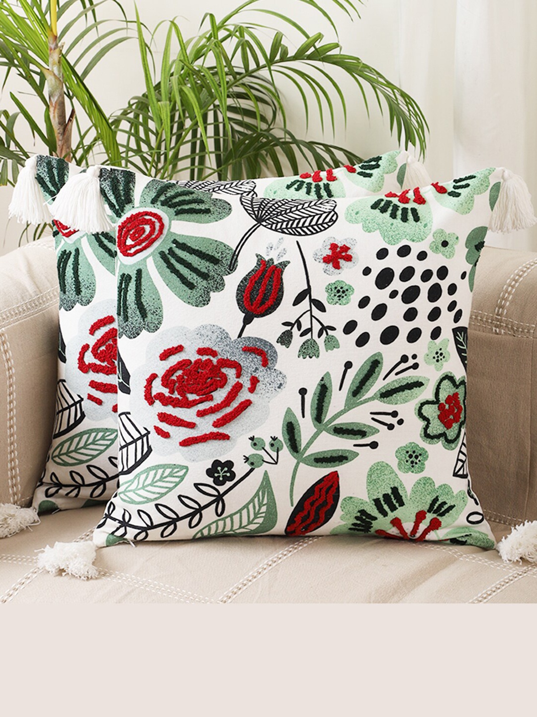 

Jamio Firati Set of 2 Floral Square Cotton Cushion Covers, White