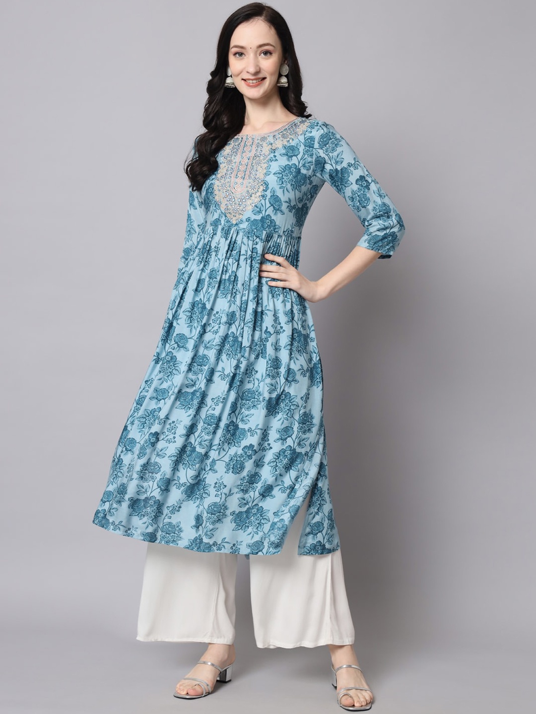 

KALINI Floral Printed Mirror Work Anarkali Kurta, Blue