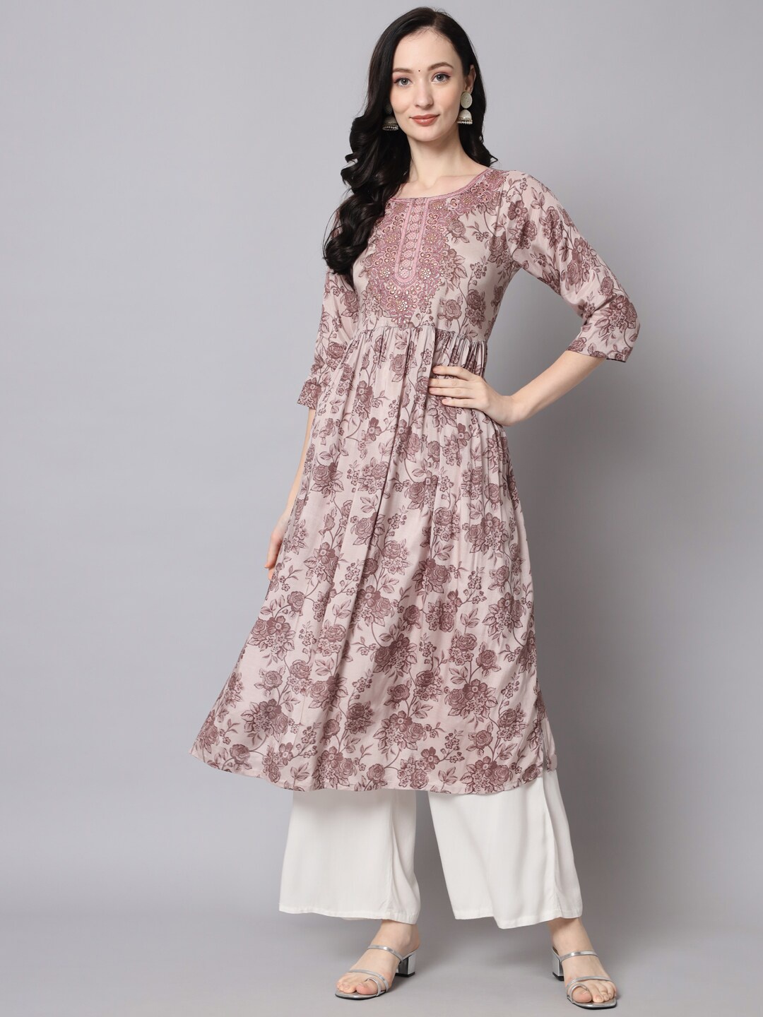 

KALINI Floral Printed Thread Work Anarkali Kurta, Coffee brown